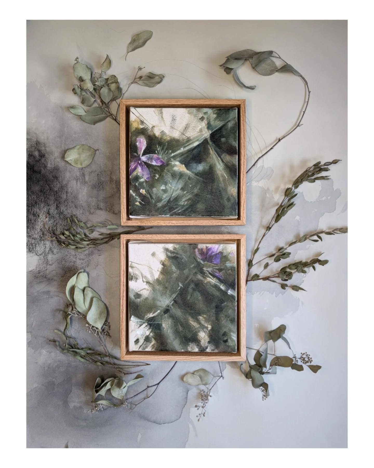 Ethereal (top) : It&rsquo;s intangible, a feeling, what is it like to be hanging onto the periphery. Forest bathing in your mind.
(Sold ❤️)
.
Dreamglow (bottom) : Everything is magic and forests and a million tiny flecks of green floating around you.