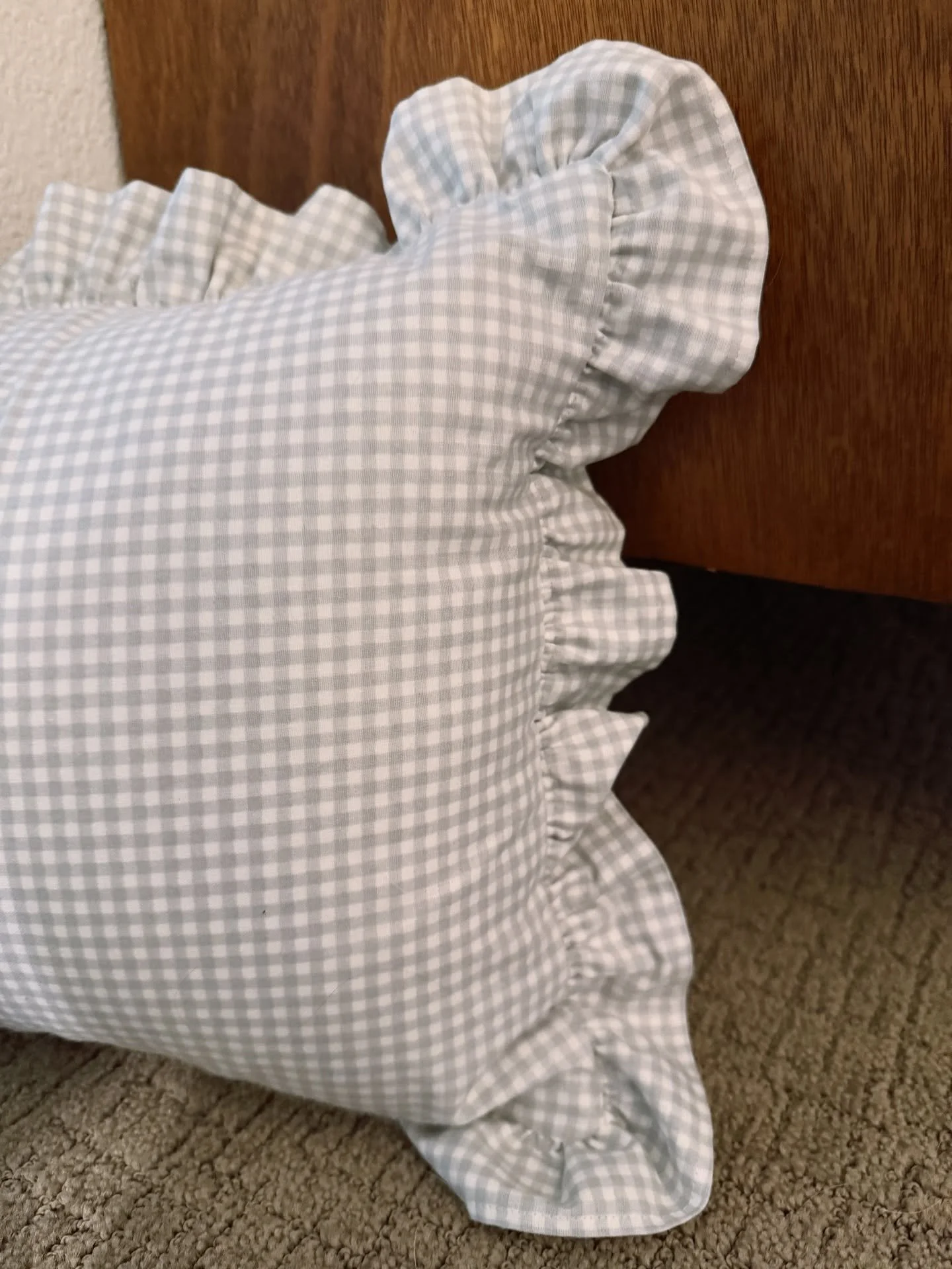 I made my dog a pillow 🥹 Well I bought a small pillow for him and sewed a cover for it with gingham fabric I had in my stash. Our dog has never used a bed but I&rsquo;m hoping he&rsquo;ll start resting his head on his little pillow (without my inter