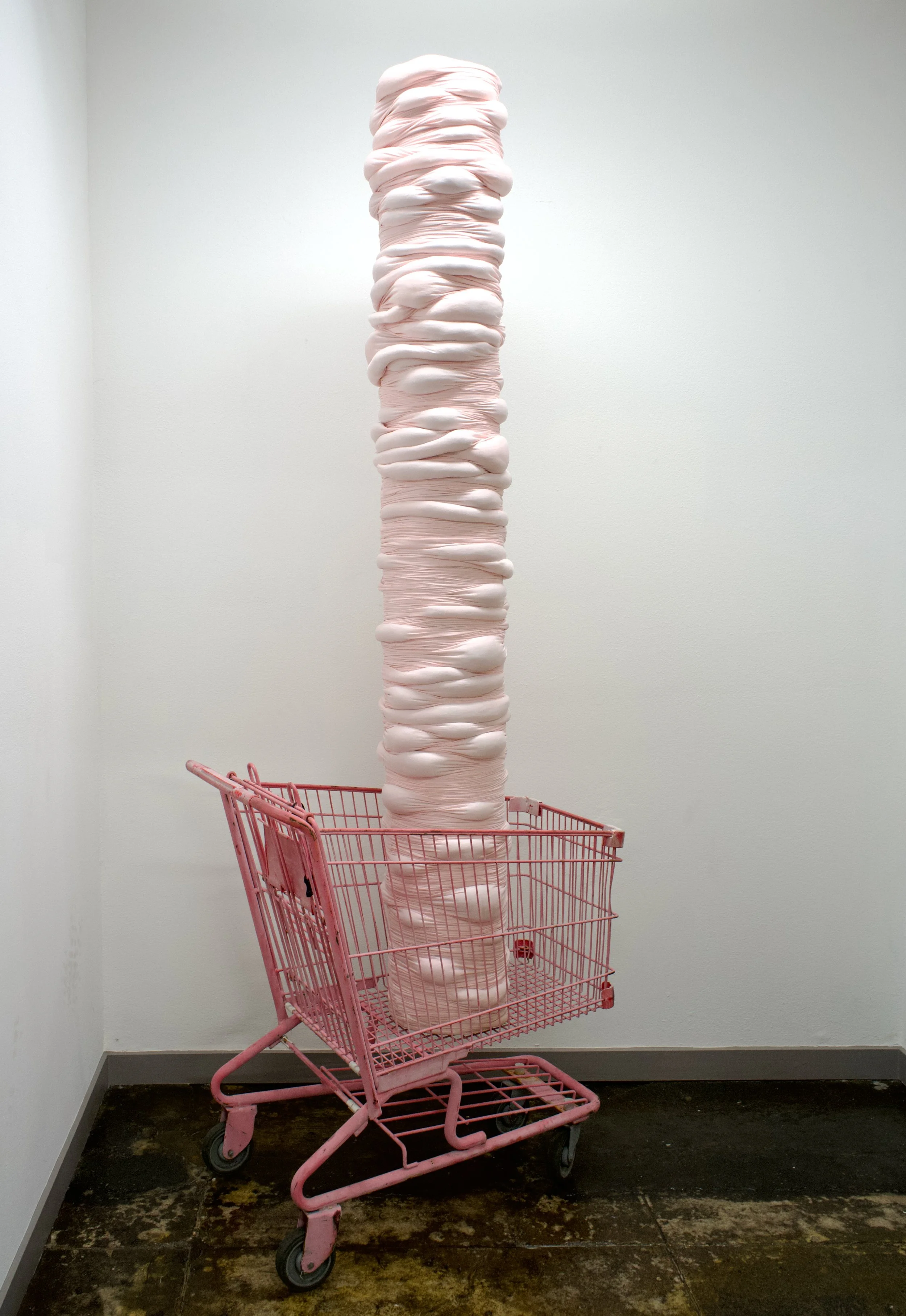 One Size Fits All, 2026.
Secondhand fabric, sonotube, polyfill, found sunbleached shopping cart.