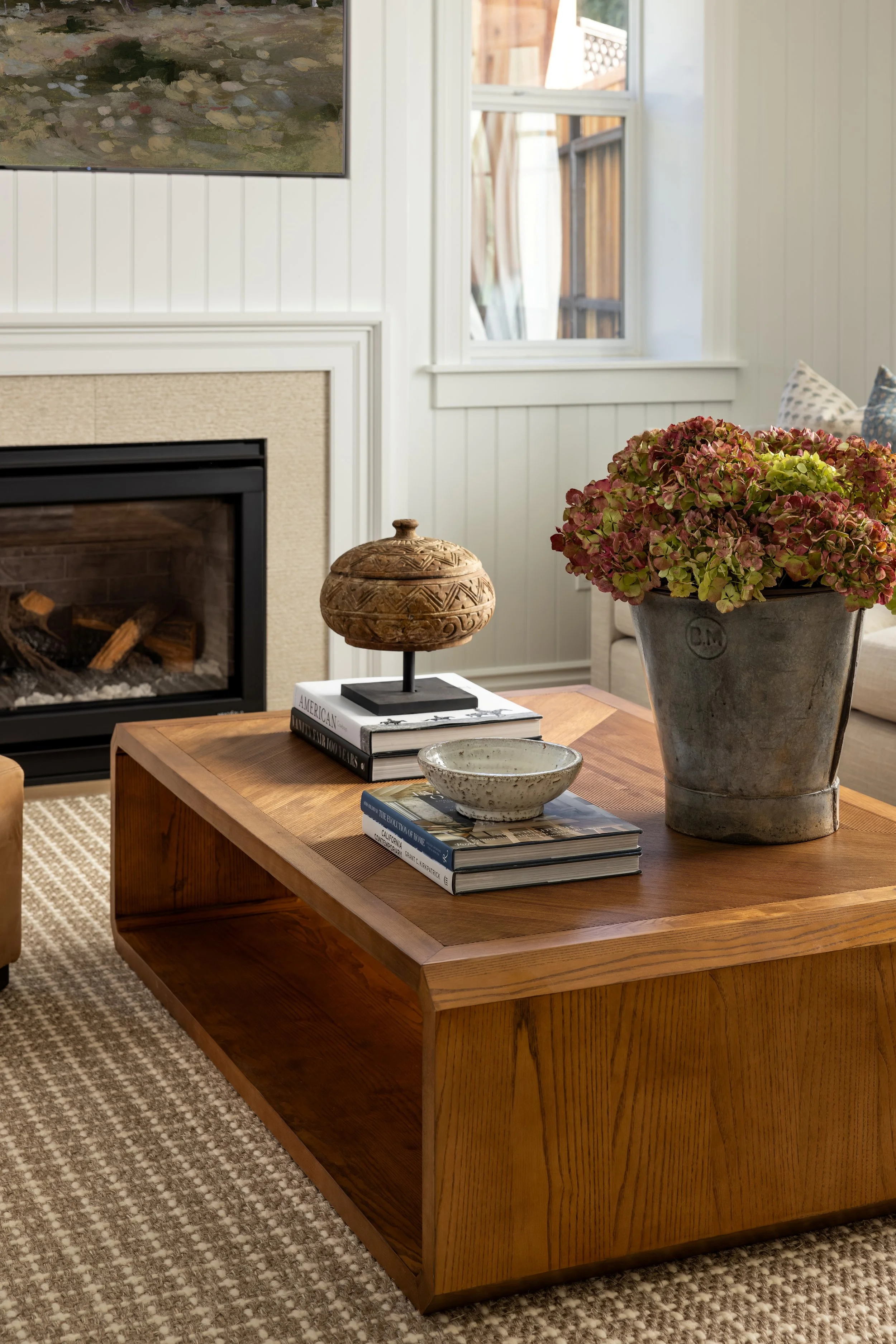Transitional living room with shiplap fireplace, navy leather chairs, and linen sofa — Bartlett Residence by Tama Bell Design, Ukiah CA