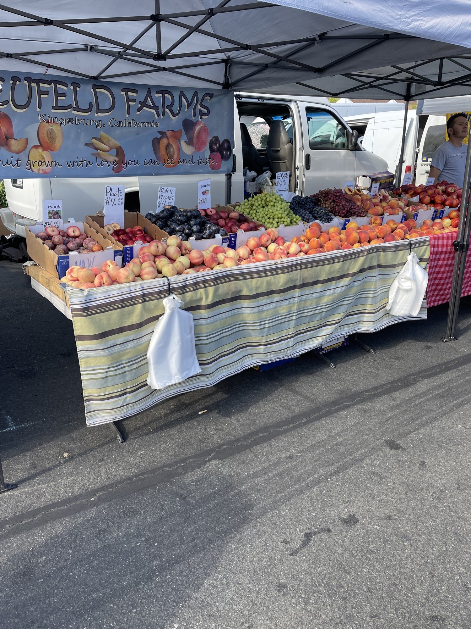  A farmers market stand with colorful produce piled high including apples, peaches, plums, grapes, and berries. The fruit is labeled with handwritten signs and is in front of a van and sign for the farm.  