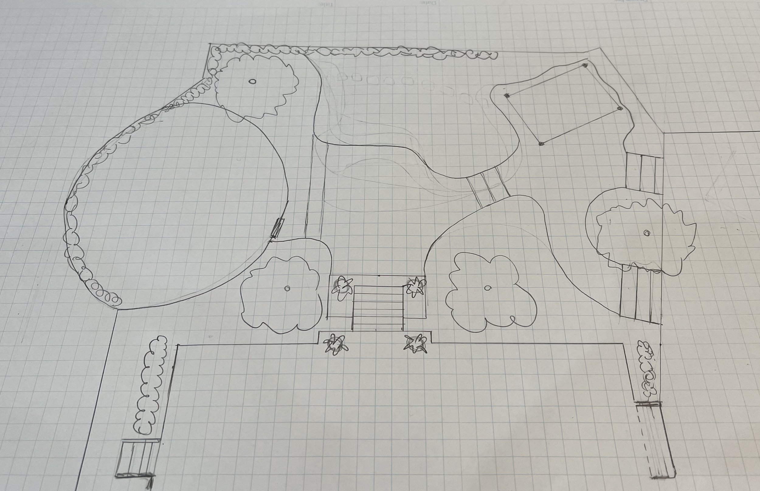  Hand drawn plan for an outdoor space with large open areas connected by stairs.  