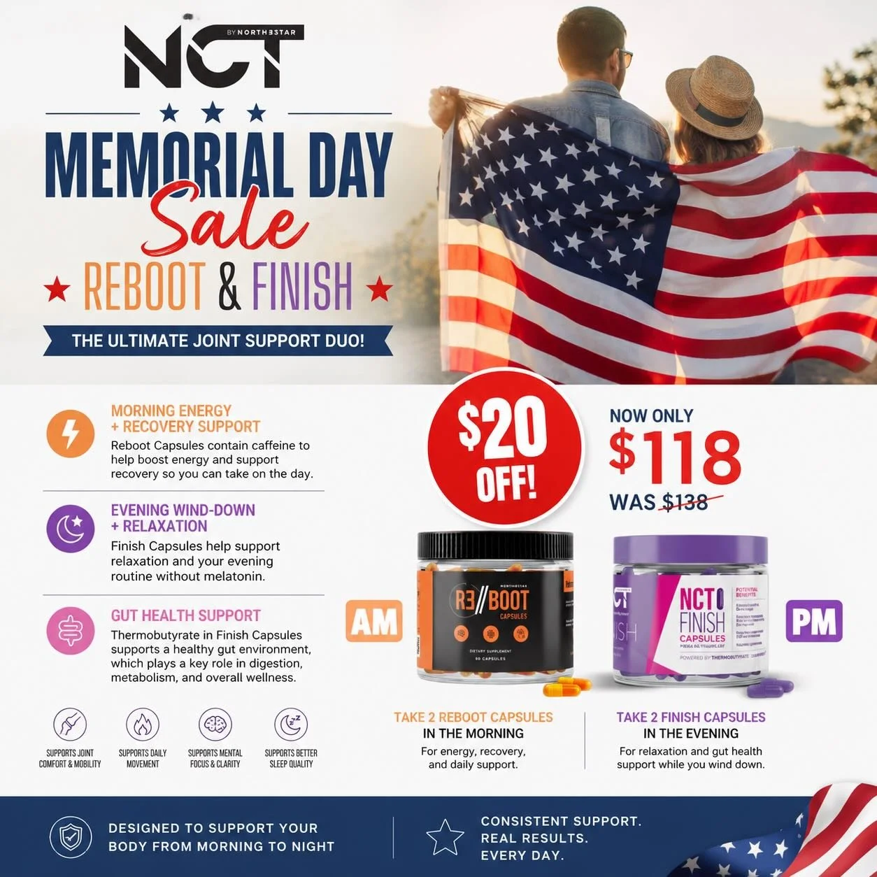 Support your body from morning to night with Reboot + Finish Capsules. Energy, recovery, gut health, and evening wellness in one simple routine. Memorial Day Sale now live.