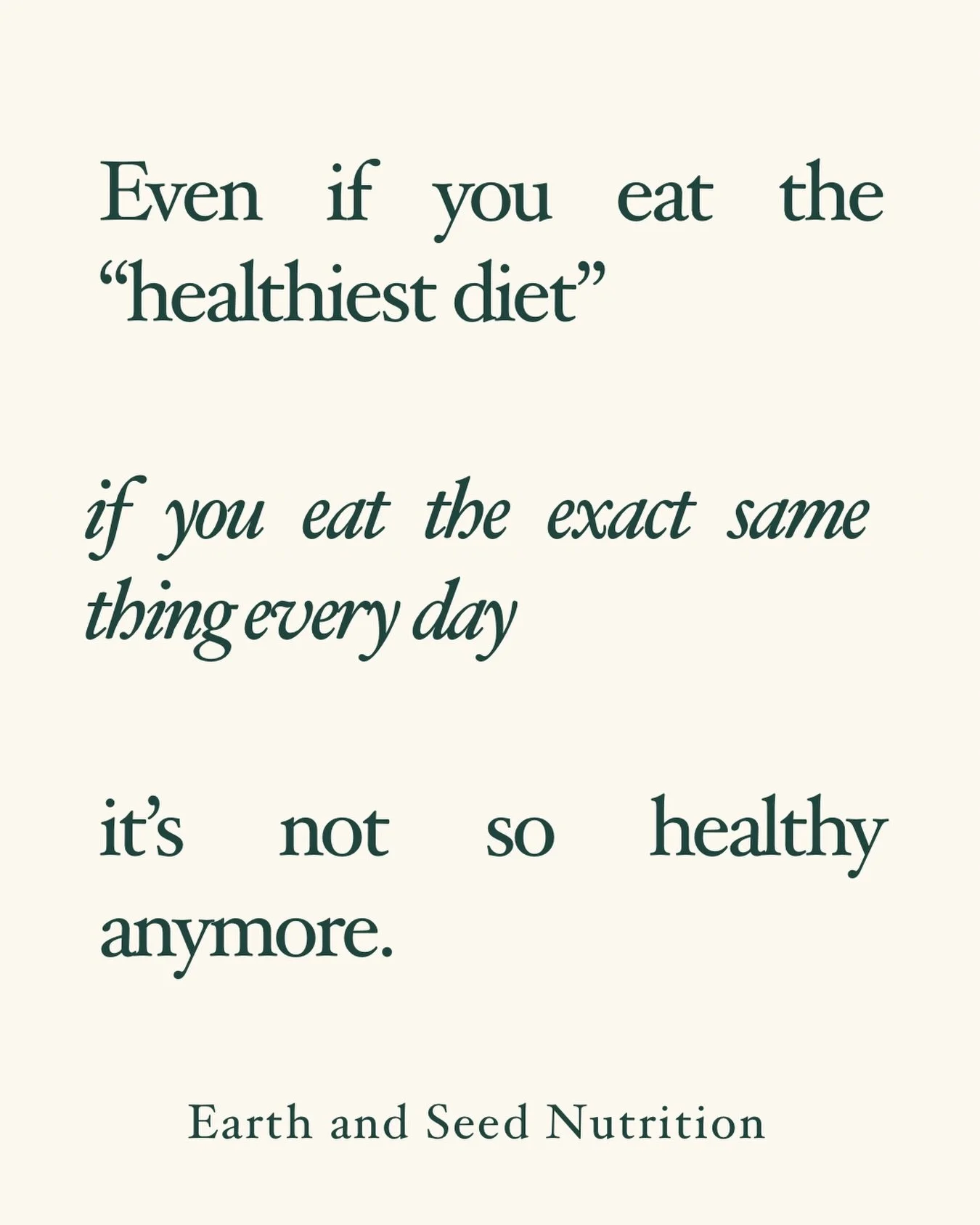Most of my clients will have heard me say this in consults before, but even if you are eating the &ldquo;healthiest&rdquo; diet, if you eat the exact same thing every day, it&rsquo;s not so healthy anymore 🥗 

Our gut microbiome thrives on diversity