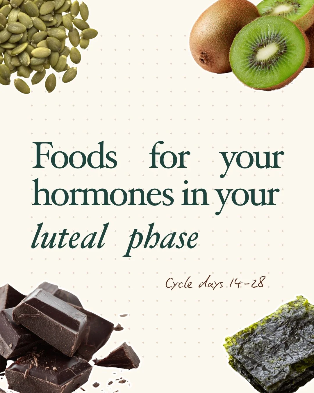 Foods for your luteal phase✨😴🥝🍫

Knowing how to support your body during different phases of your cycle and how to symptom manage with foods and herbal teas is SO empowering 🌸

Our body gives us signals as to what it needs, and knowing what&rsquo