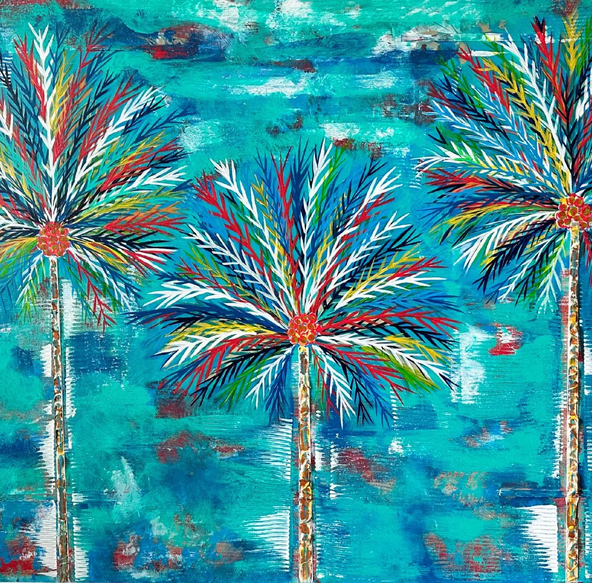 Firelight Coconut Palms 36x48 Original Textured Acrylic Painting Close Up.jpg