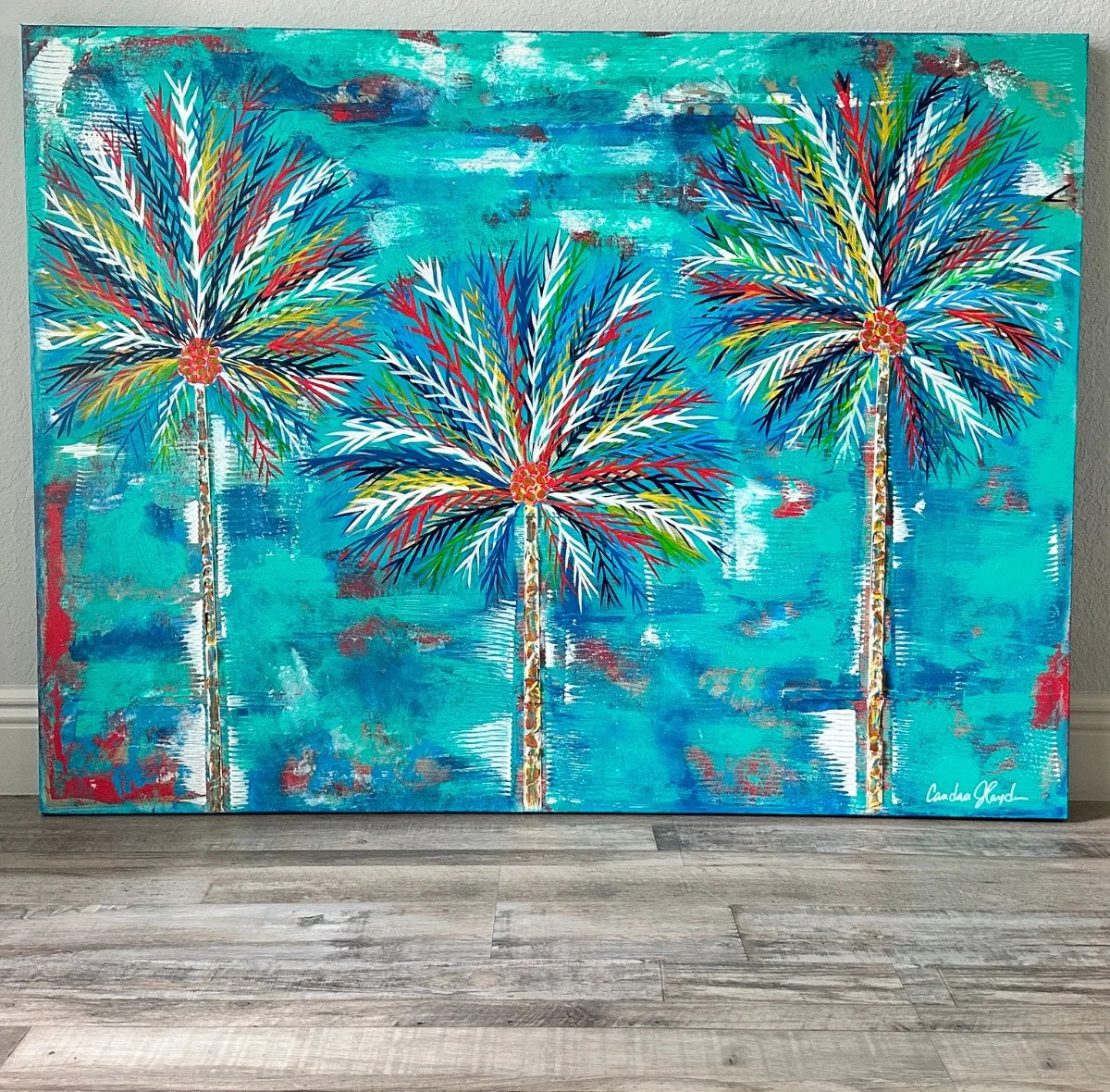Firelight Coconut Palms 36x48 Original Textured Acrylic Painting Front.jpg