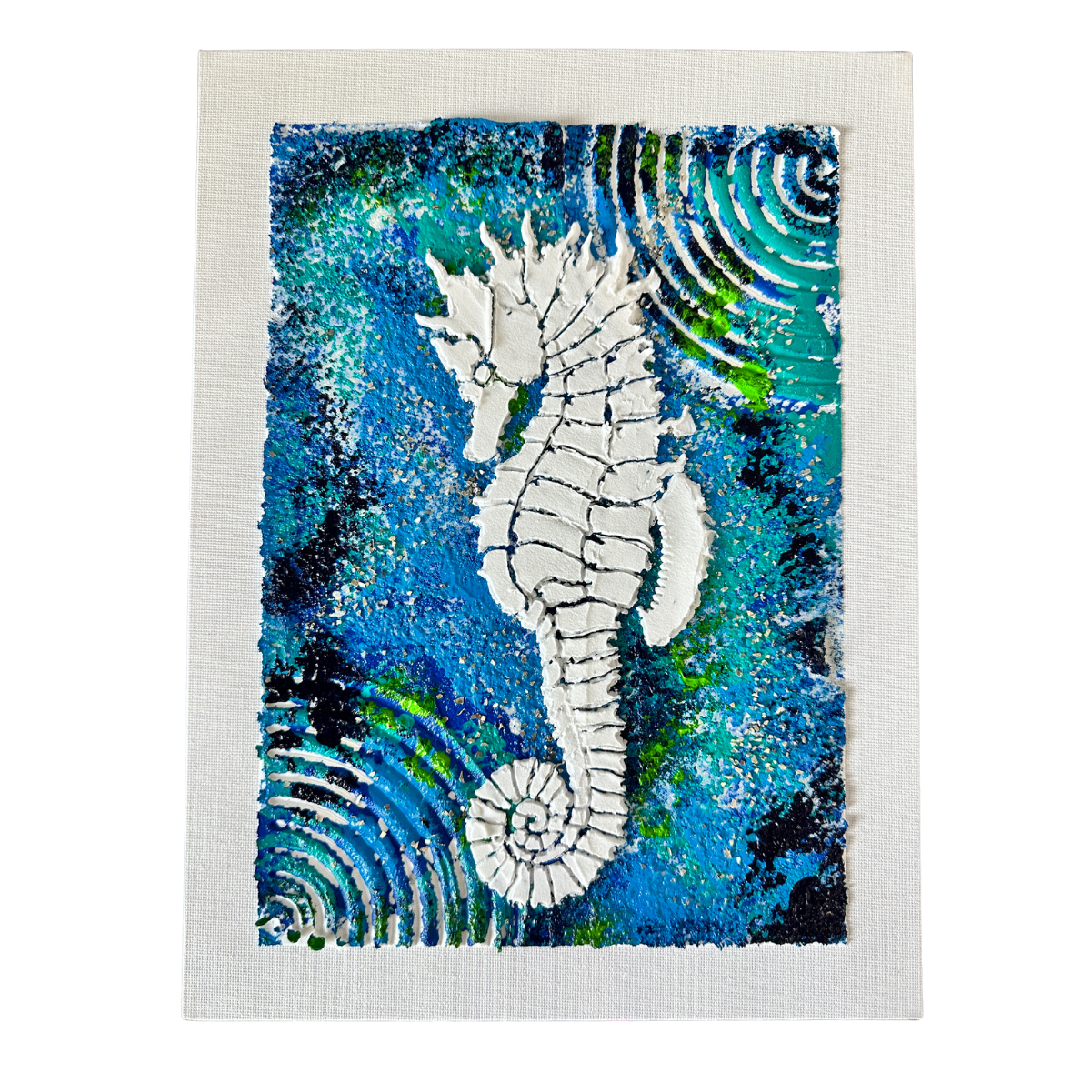 Seahorse Set of 3 Fossilized Sealife 9x12 Original Textured Coastal Acrylic Paintings.png