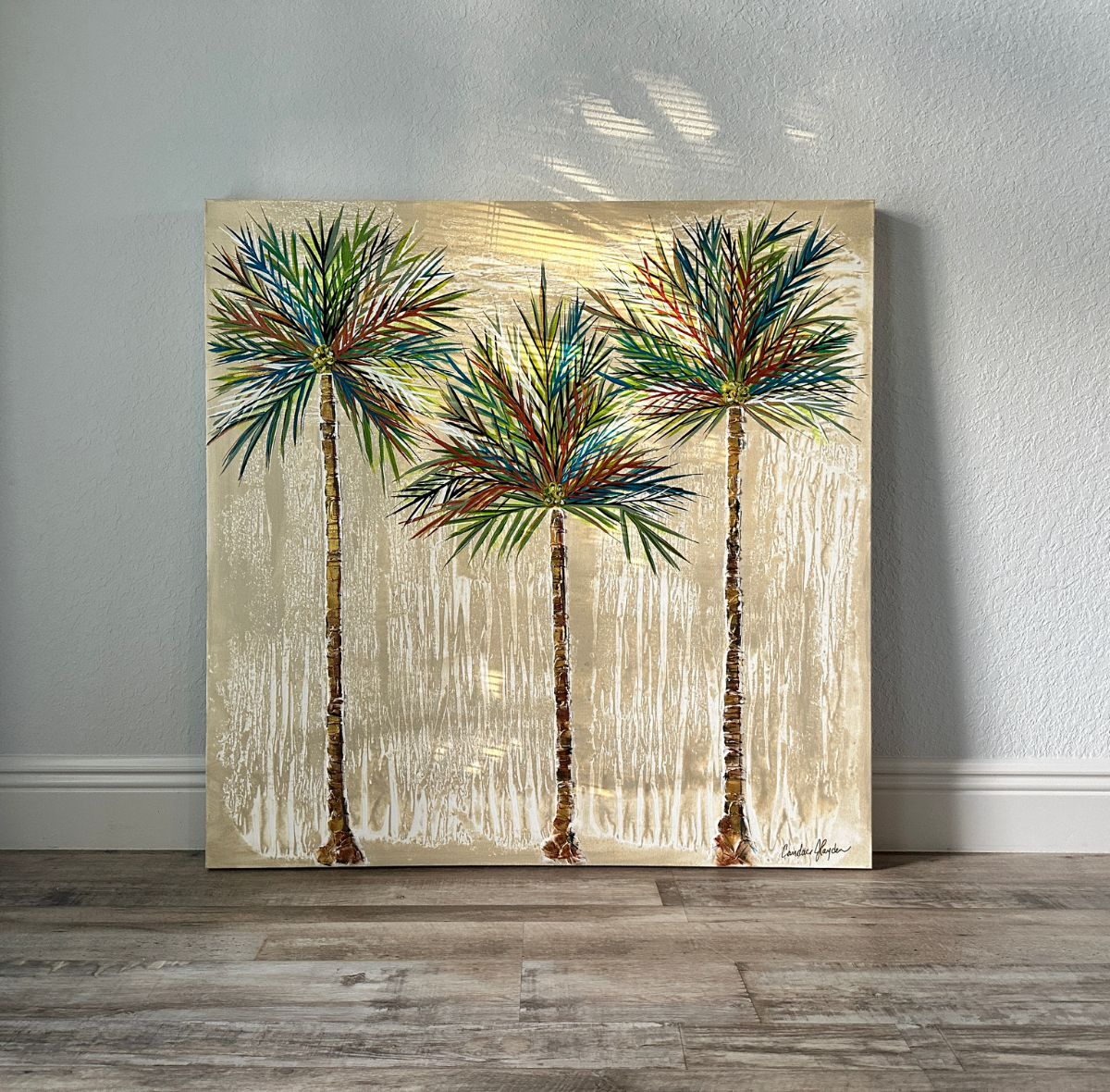 Glow Golden Coconut Palms 36x36 Original Textured Acrylic Painting