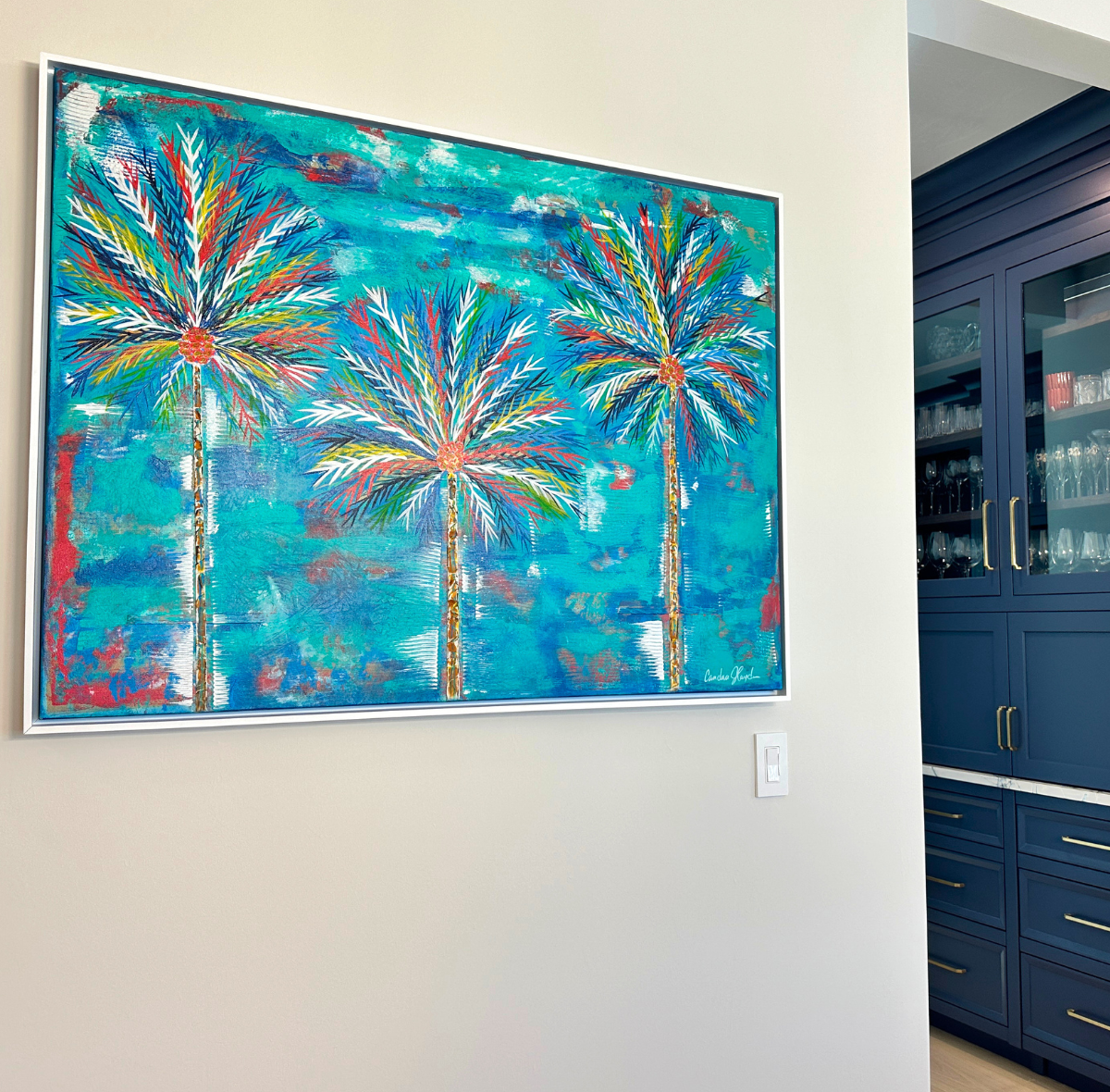 Firelight Coconut Palms 36x48 Textured Acrylic White Floater Frame/ Naples, FL