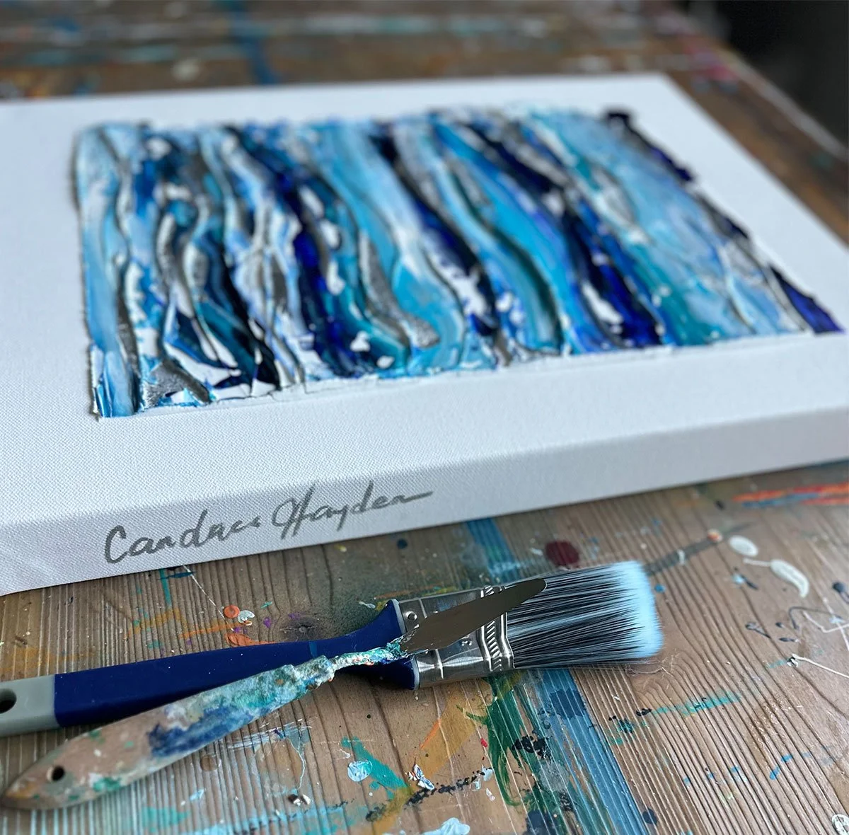 The Blue 14x18 Original Modern Coastal Textured Plaster Acrylic Painting Close Up Side.jpg