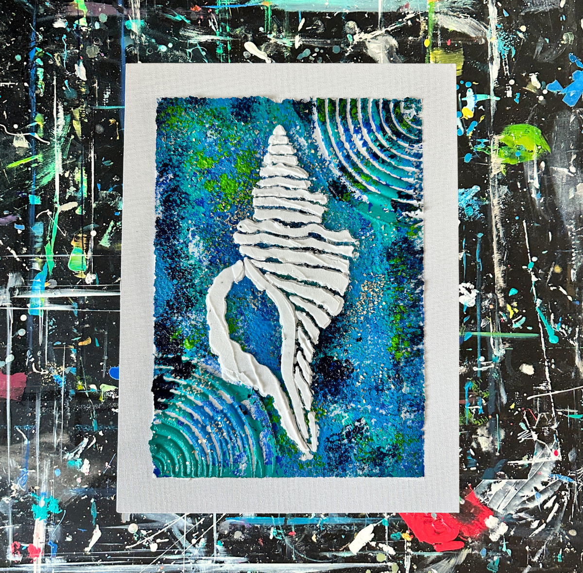 Florida Conch Shell Set of 3 Fossilized Sealife 9x12 Original Textured Coastal Acrylic Paintings Front.png
