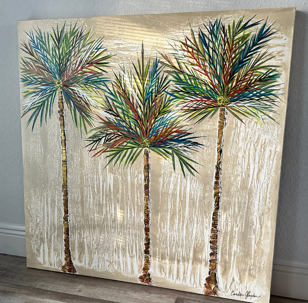 Glow Golden Coconut Palms 36x36 Original Textured Acrylic Painting Close Up.png