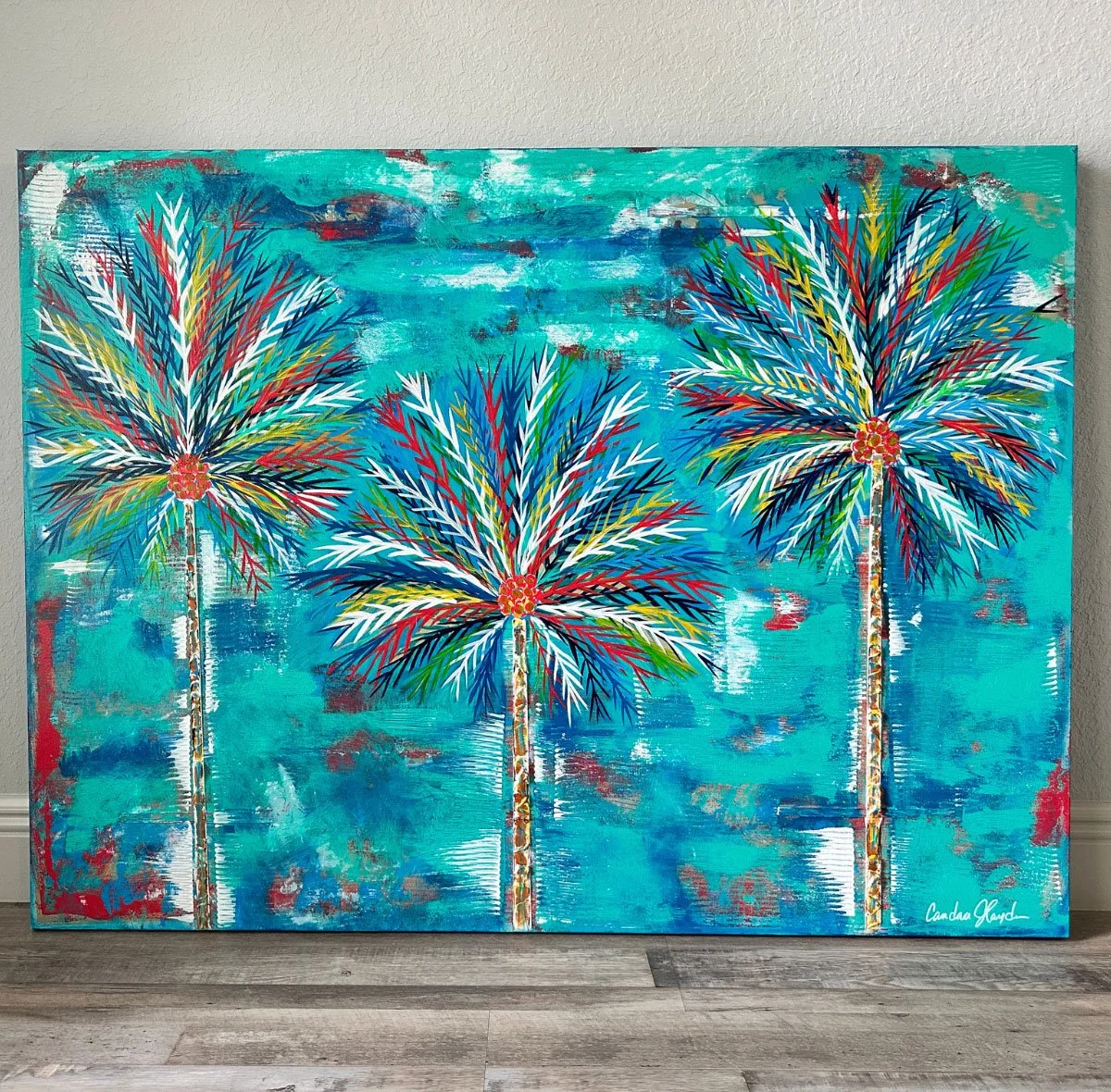 Firelight Coconut Palms 36x48 Original Textured Acrylic Painting