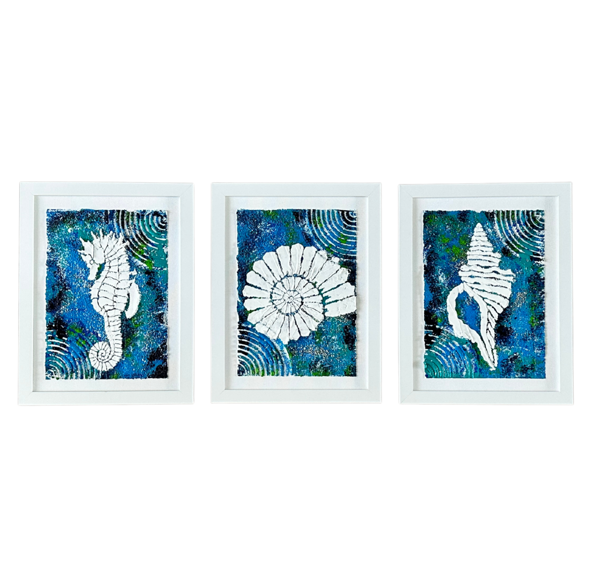 Set of 3 Fossilized Sealife 9x12 Original Textured Coastal Acrylic Paintings