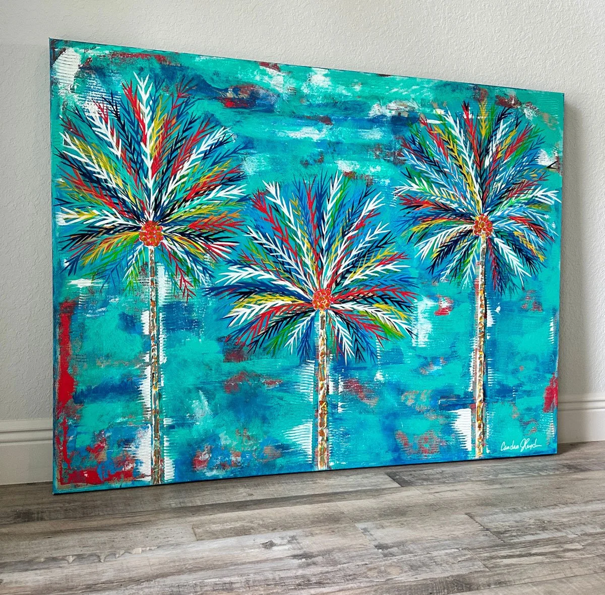Firelight Coconut Palms 36x48 Original Textured Acrylic Painting Left Angle.jpg