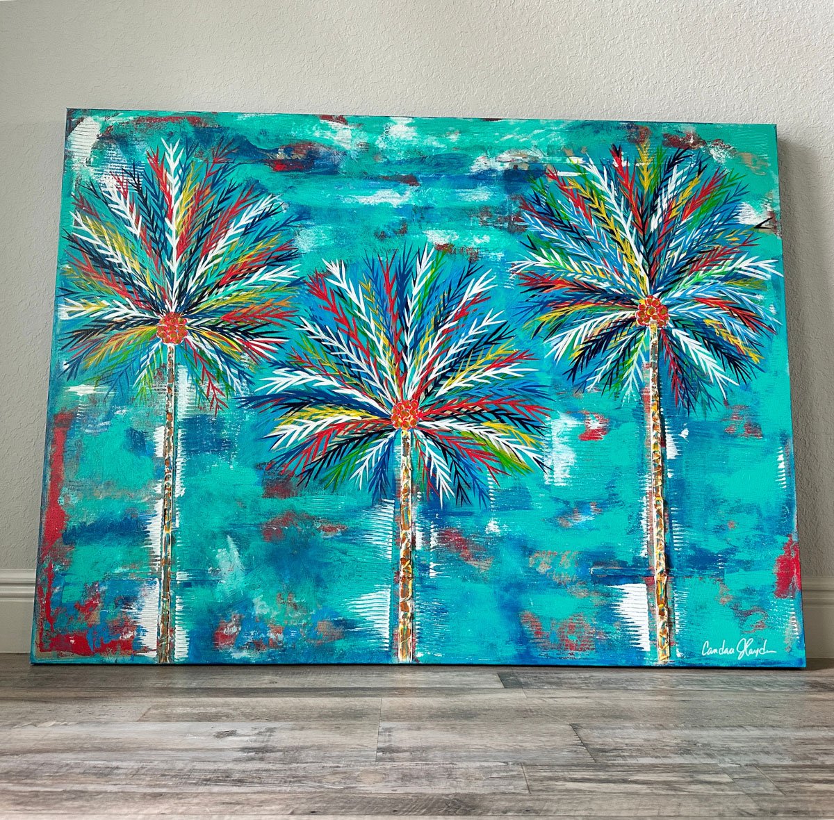 Firelight Coconut Palms 36x48 Original Textured Acrylic Painting Bottom.jpg