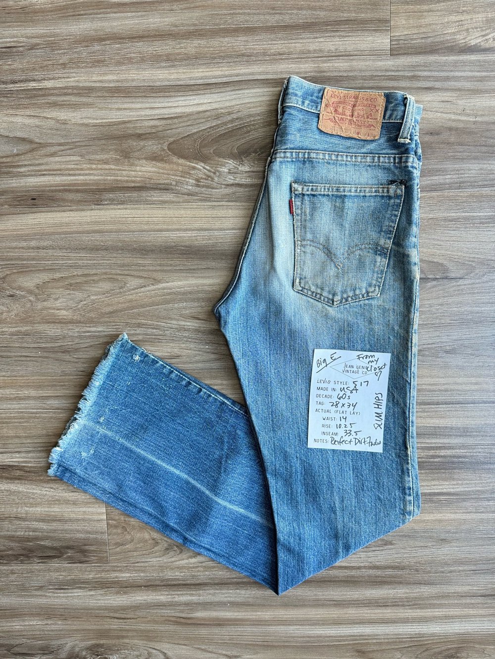 1960s Levi's USA “Big E” 517 Tag 28x34 Actual 27/28x33.5 — Jean