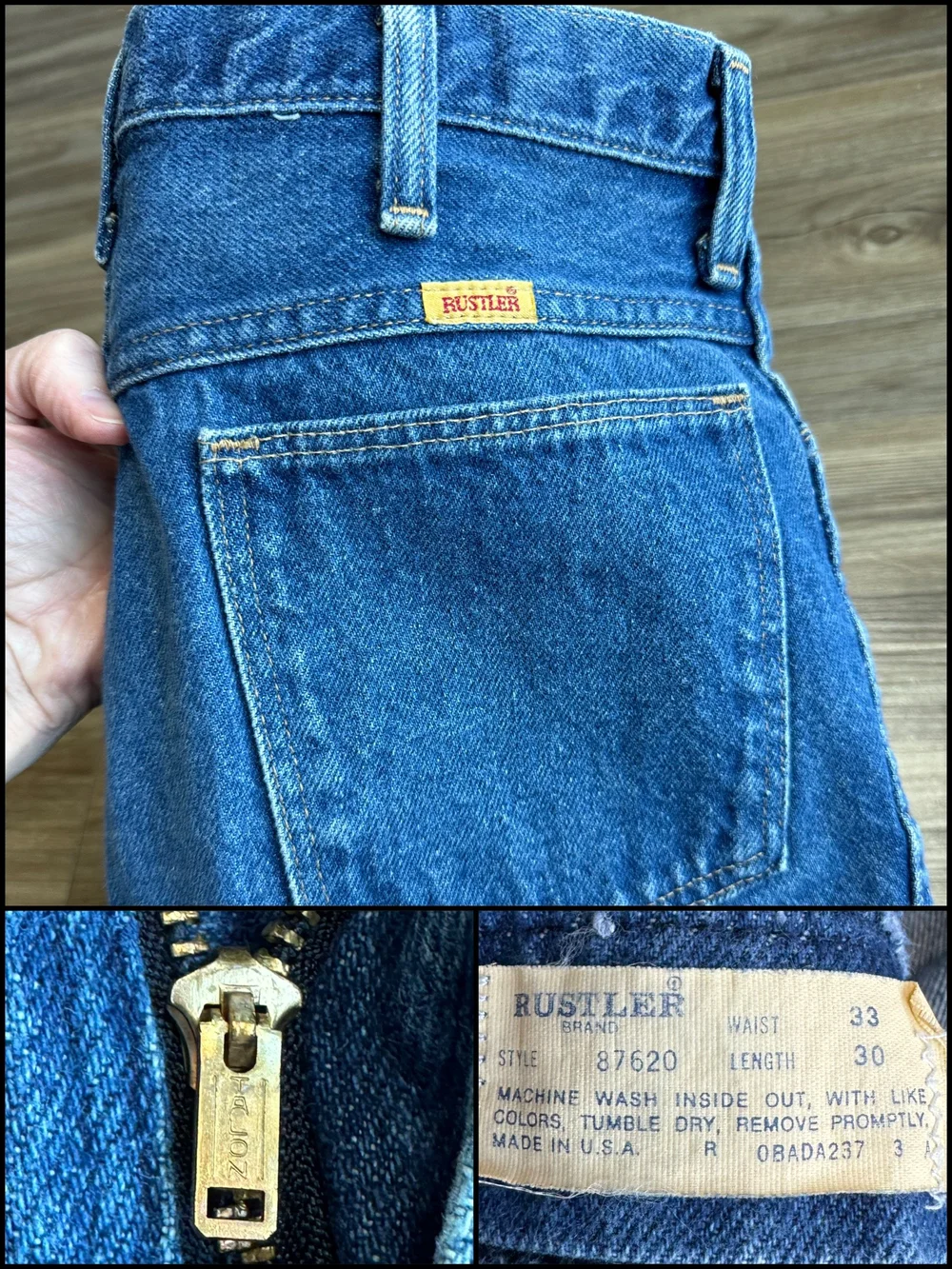 RUSTLER 70s USA製 三角タグ 100MJ 濃紺 ヴィンテージ 1970s Rustler USA Bootcut Tag 33x30 Actual 30x28 — Jean Genie