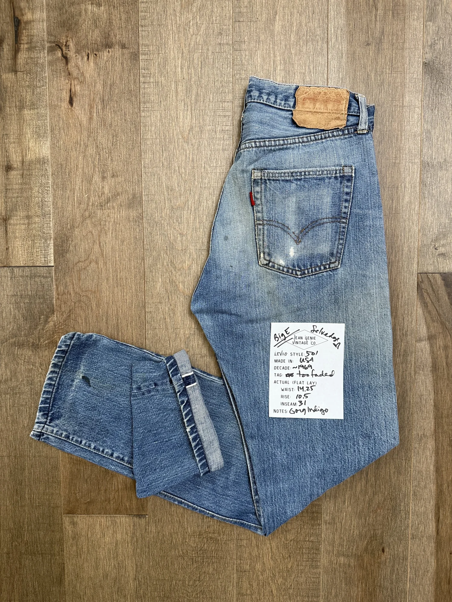 1969 Levi's USA “Big E” Selvedge 501 Tag n/a Actual 28x31 — Jean
