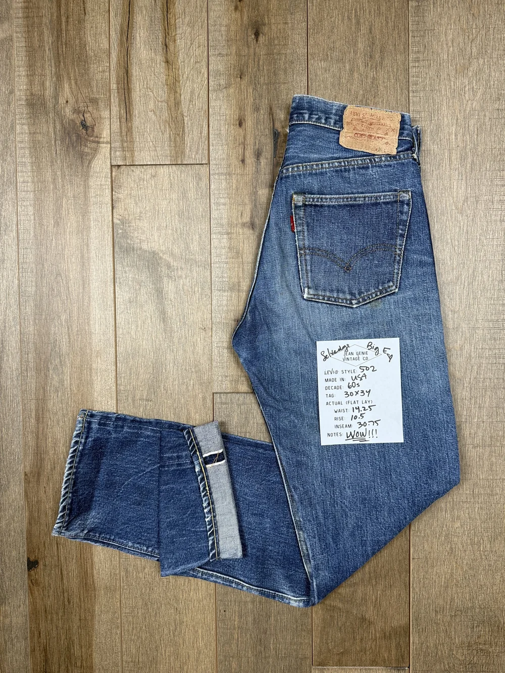1960s Levi's USA 502 Big E Selvedge Tag 30x34 Actual 28x30.75