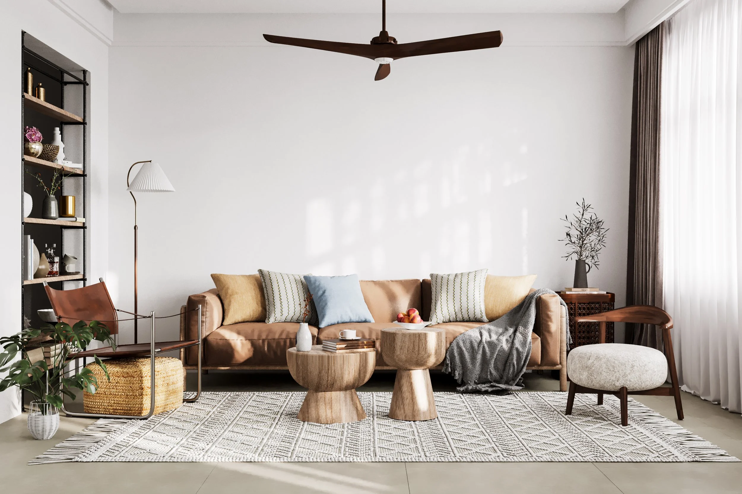 Colorado, natural light filled, modern, neutral living room with a camel colored leather sofa. Natural feel, organic, Golden, CO, Applewood, CO