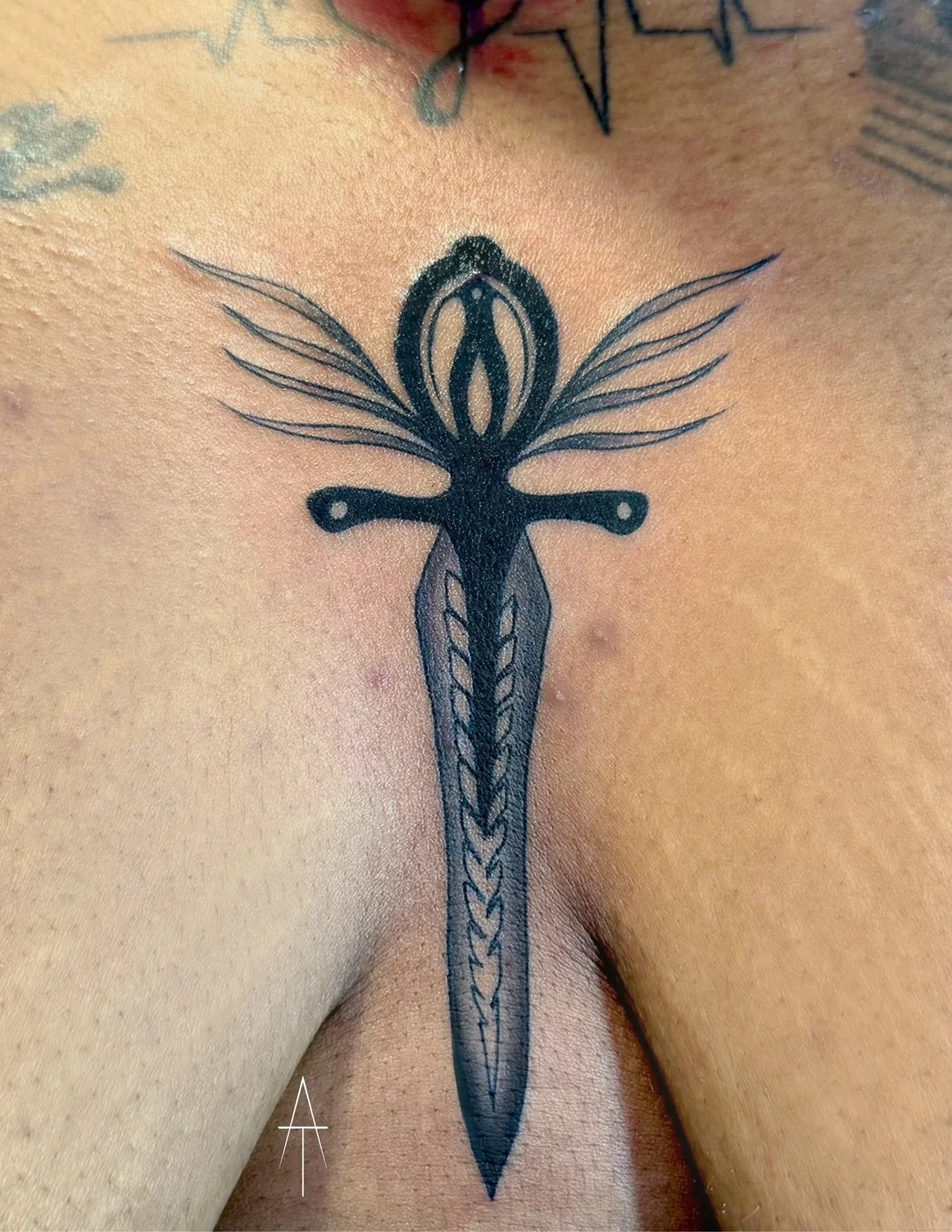 Tattoo of a sword with wings on a person's chest.
