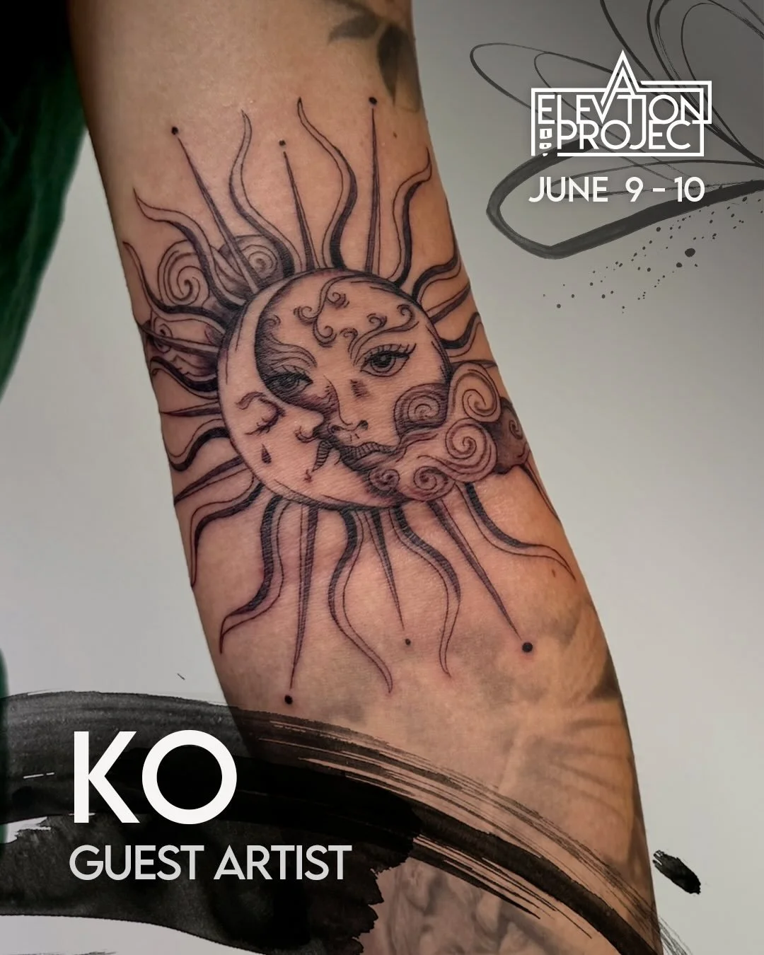 Guest artist @ko.kismet will be joining us from San Diego June 9th &amp; 10th along with @morgan_tattoos . ko specializes in surreal imagery, flowing line work, and striking blackwork compositions. 

Appointments are limited, so reach out directly to