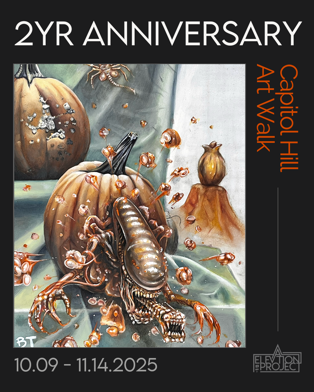 A painting celebrating the 2-year anniversary with a Halloween pumpkin, a cockroach, and pumpkin seeds, featuring text for an art walk event from October 9 to November 14, 2025.