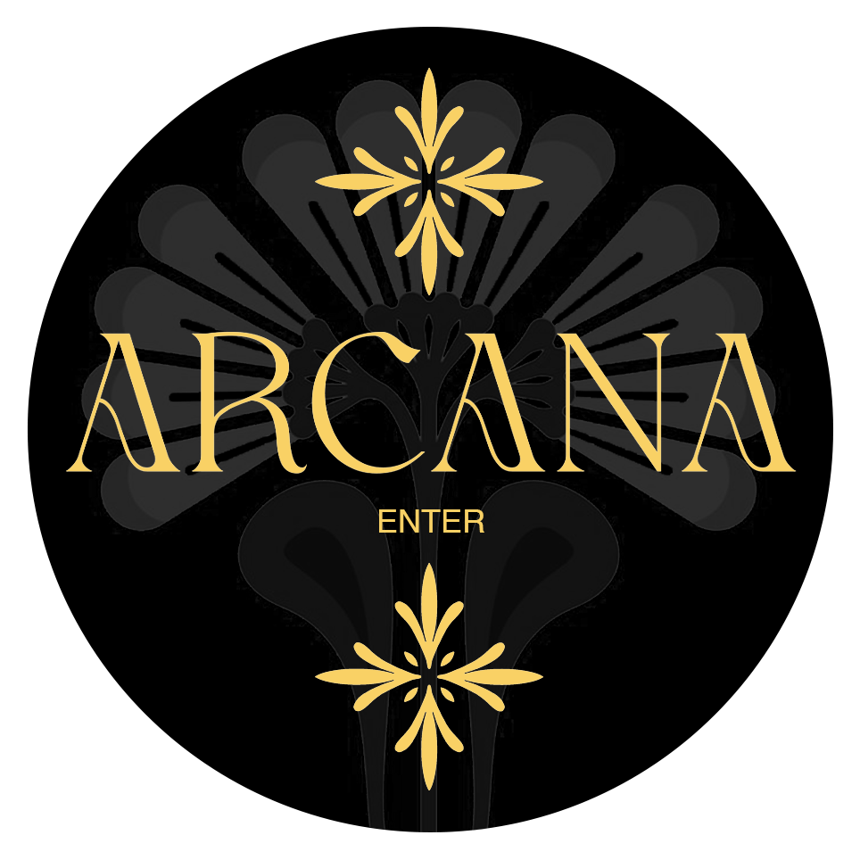 Elegant black and gold graphic with the word 'ARCANIA' and a decorative design, and the word 'ENTER' below.
