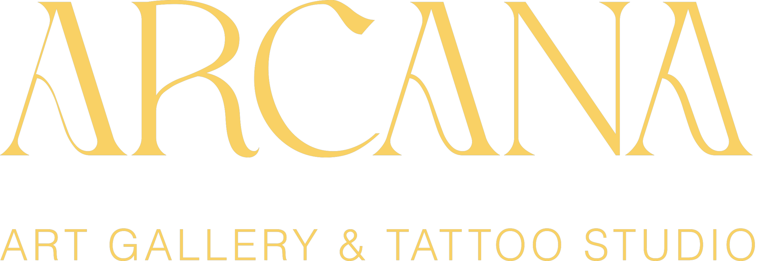 Logo for ARCANA Art Gallery & Tattoo Studio in gold text.