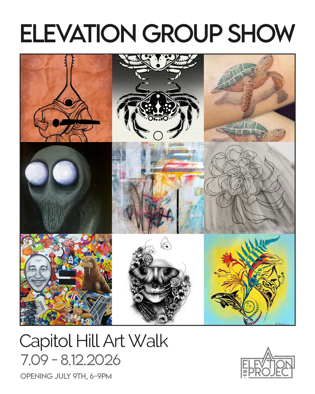 Poster for Capitol Hill Art Walk featuring nine different art pieces, including sculptures, digital art, sketches, and paintings, with event details and logo at the bottom.
