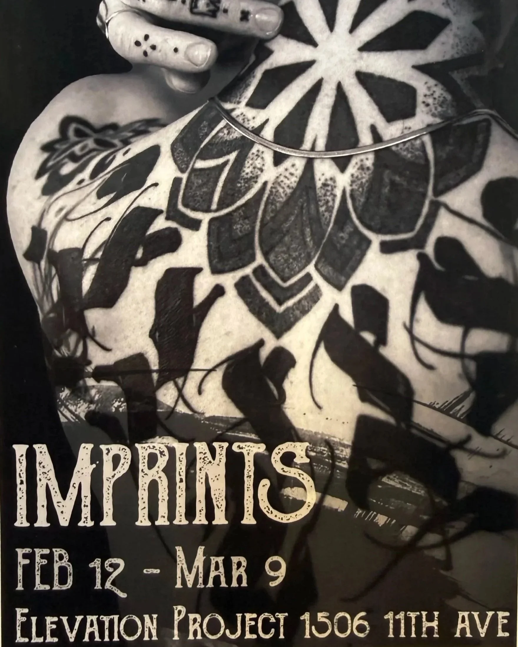 A poster for an art walk event with an artistic photograph of a close-up, detailed mandala tattoo on a persons neck and shoulders. The poster includes the show title "Imprints".