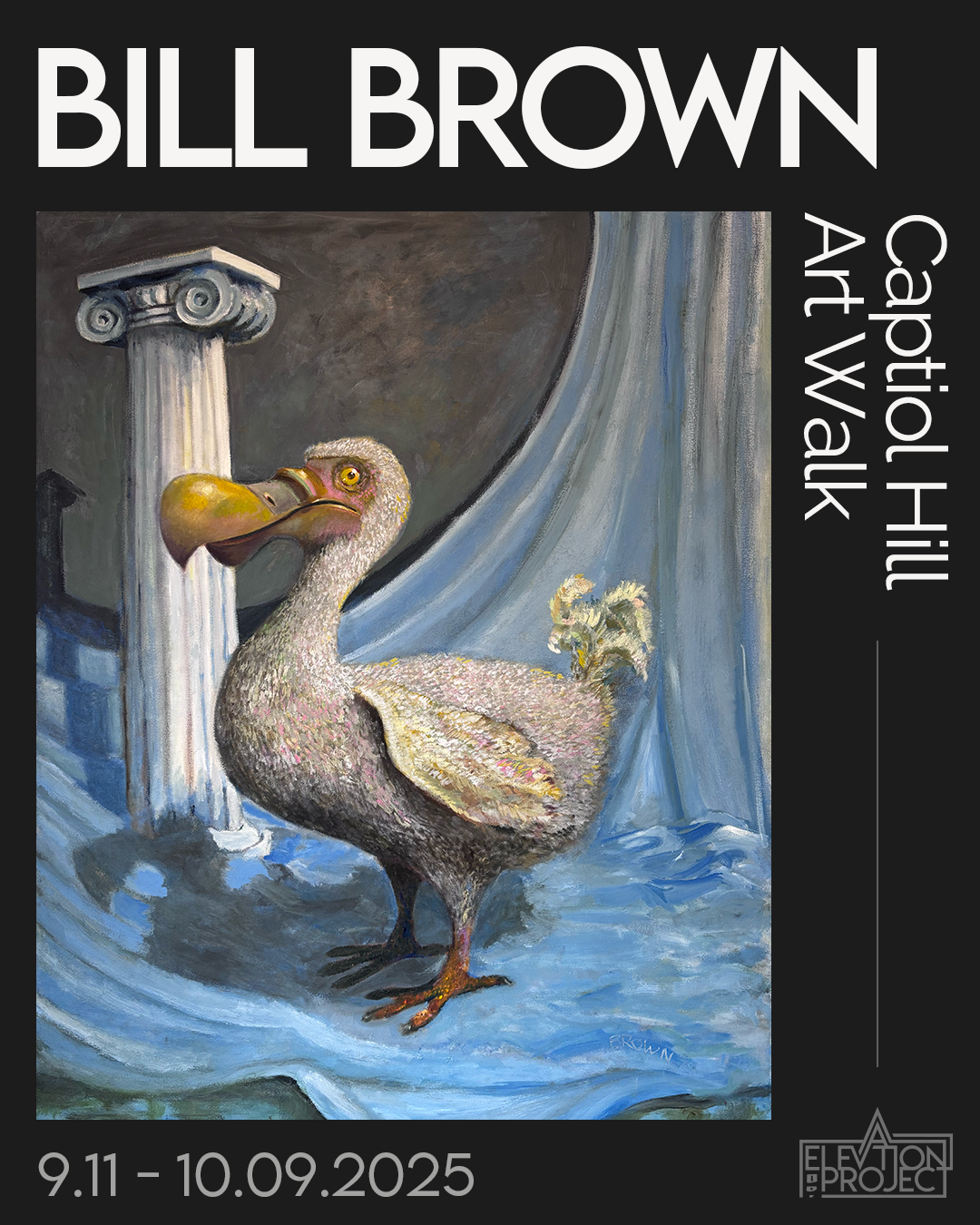 Book cover for 'Captain Hill Art Walk' featuring a painting of a dodo bird standing in front of a classical column and a blue curtain.