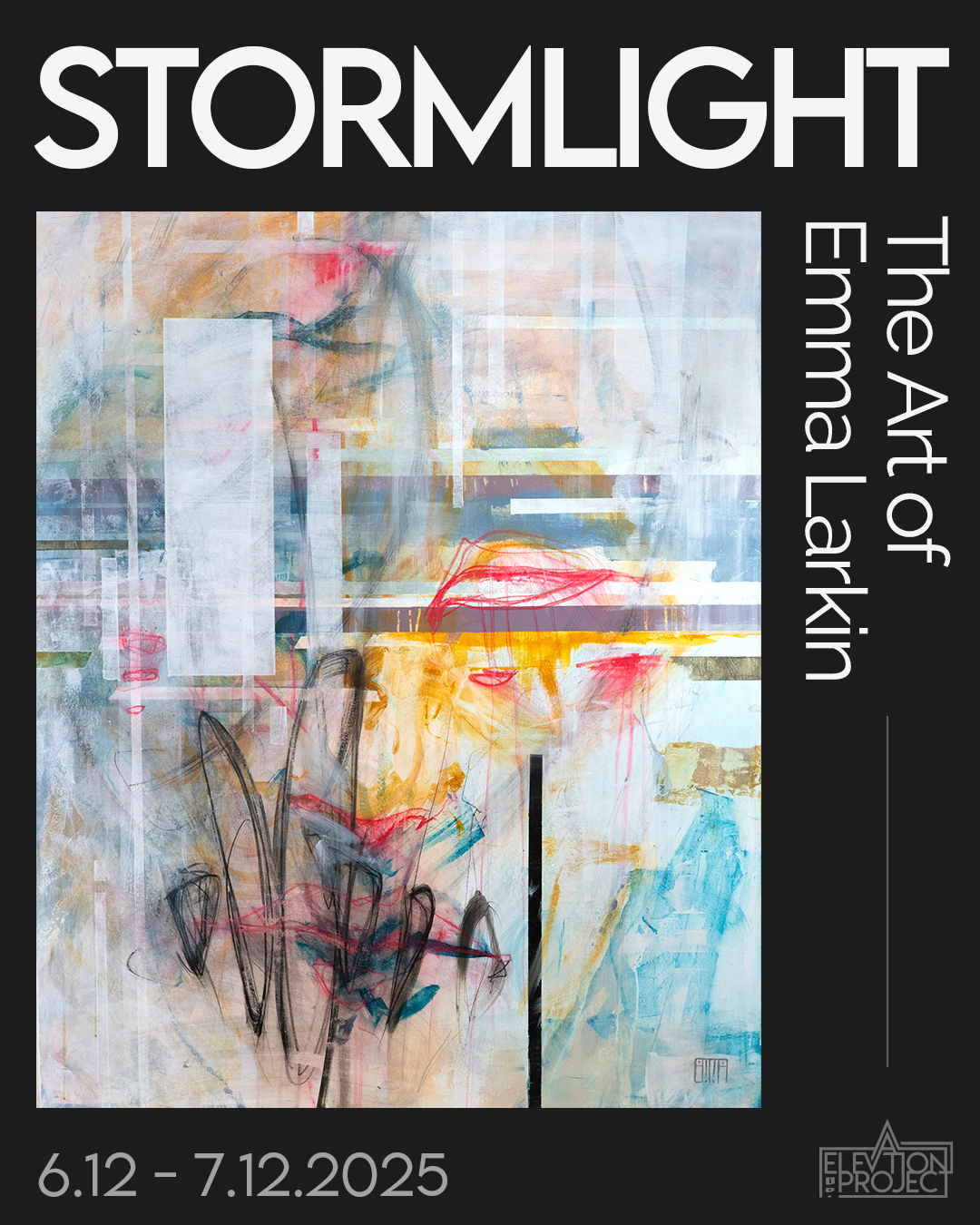 Abstract mixed media art with light pastel colors and bold black lines. Includes text 'Stormlight' at top and details about an art show.