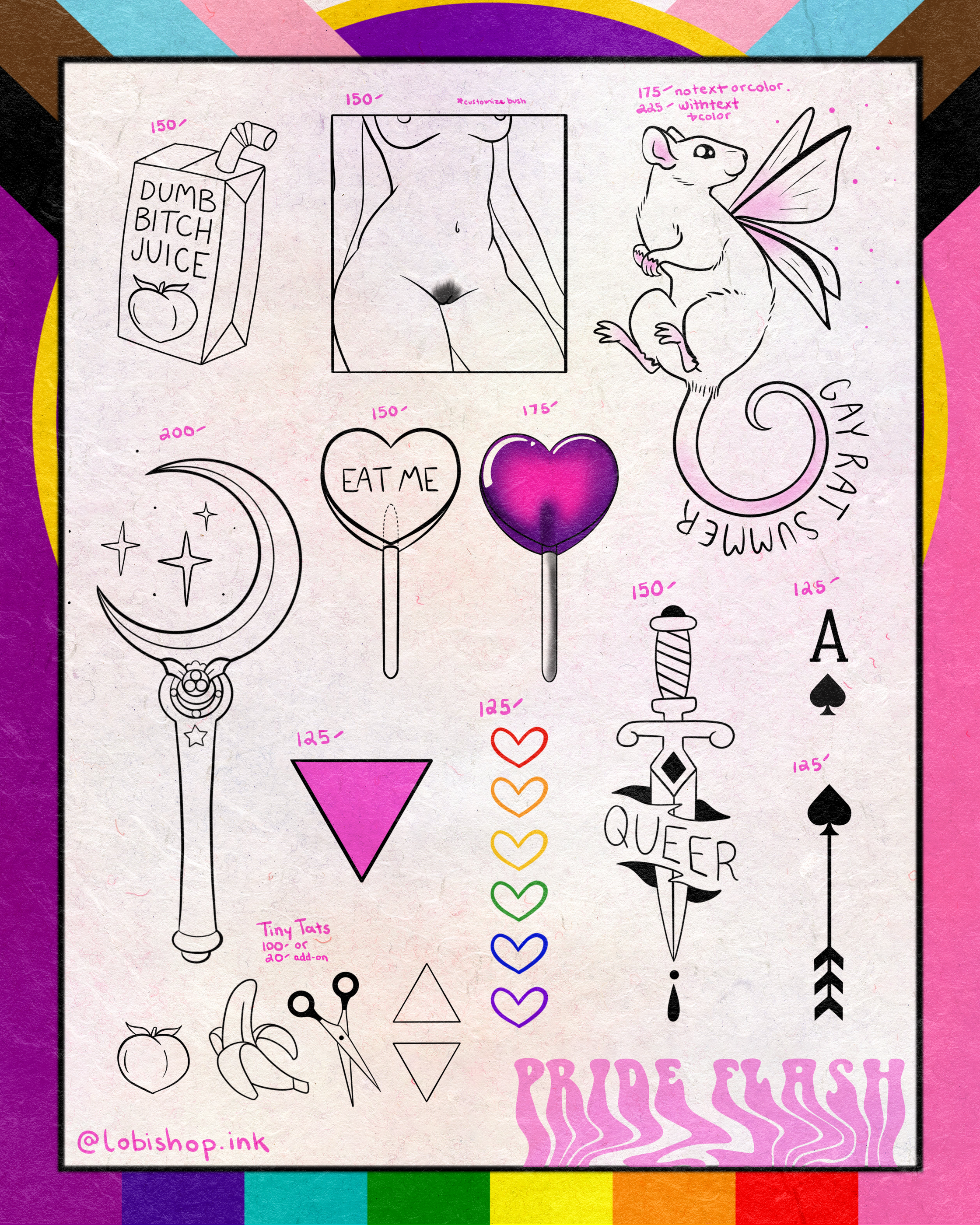Colorful illustrated sheet of tattoo designs, including a juice box labeled 'Dumb Bitch Juice,' a partial outline of a naked woman, a mouse with fairy wings, a crescent moon with stars, a heart-shaped lollipop labeled 'Eat Me,' a sword labeled 'Quee,' and various other symbols and doodl
