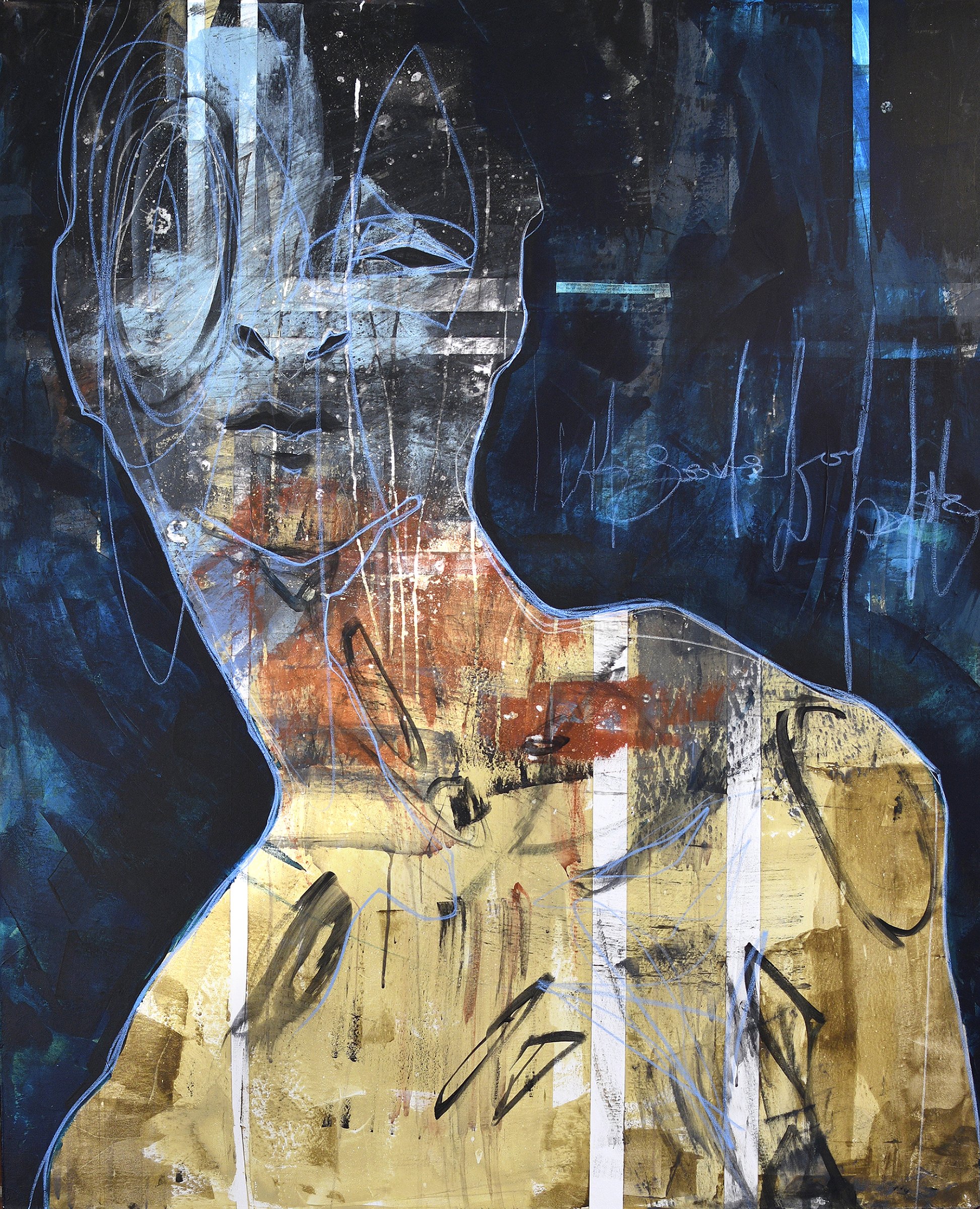 Abstract painting with a mix of black, gold, white, and blue tones. The artwork features expressive brushstrokes, mixed media textures, and hints of sketches and scribbles, creating a layered and dynamic composition.