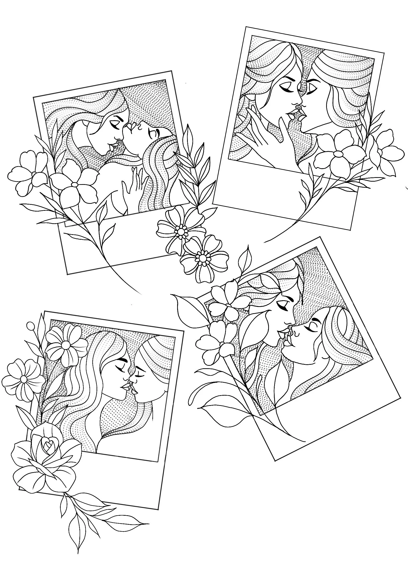 Black and white tattoo flash designs featuring three sapphic polaroid style designs of women kissing with long wavy hair, surrounded by flowers and leaves.