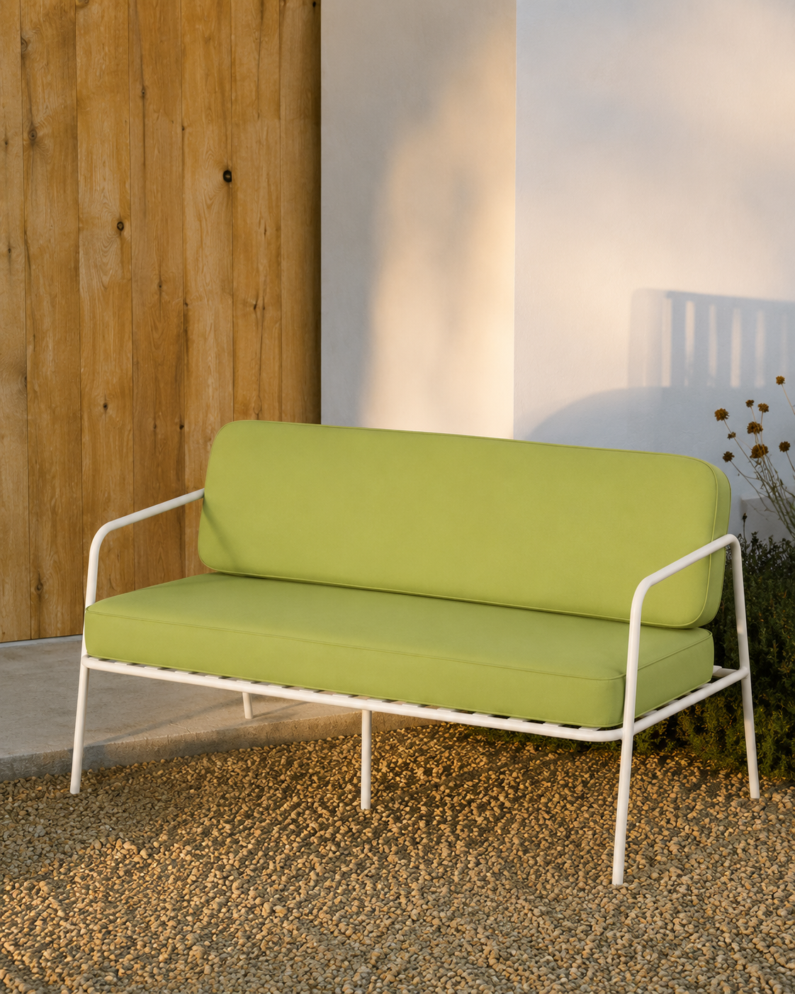 Bella Outdoor 2 Seater Sofa - White Frame - Meadow Green Cushion