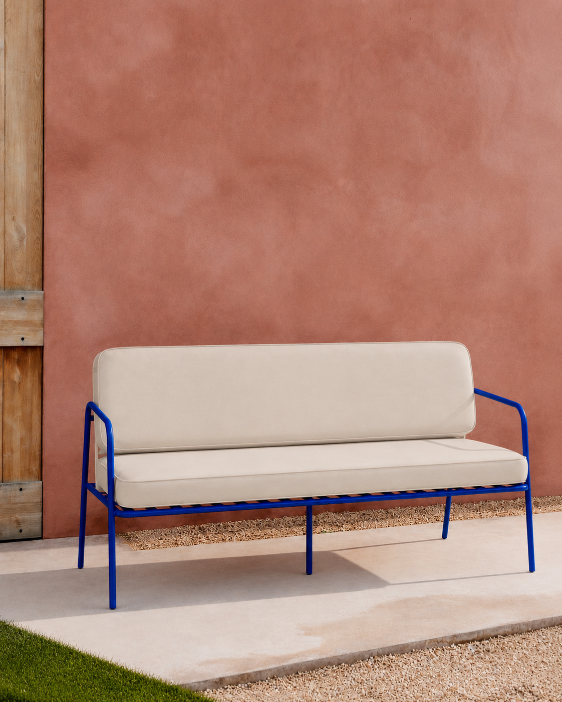 Bella Outdoor 2 Seater Sofa - Blue Frame - Stone Cushion