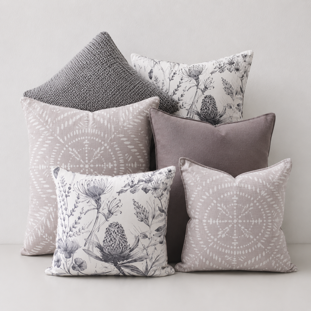 Cushion - Grey Cotton, White with Grey Flowers, Grey Aztec's
