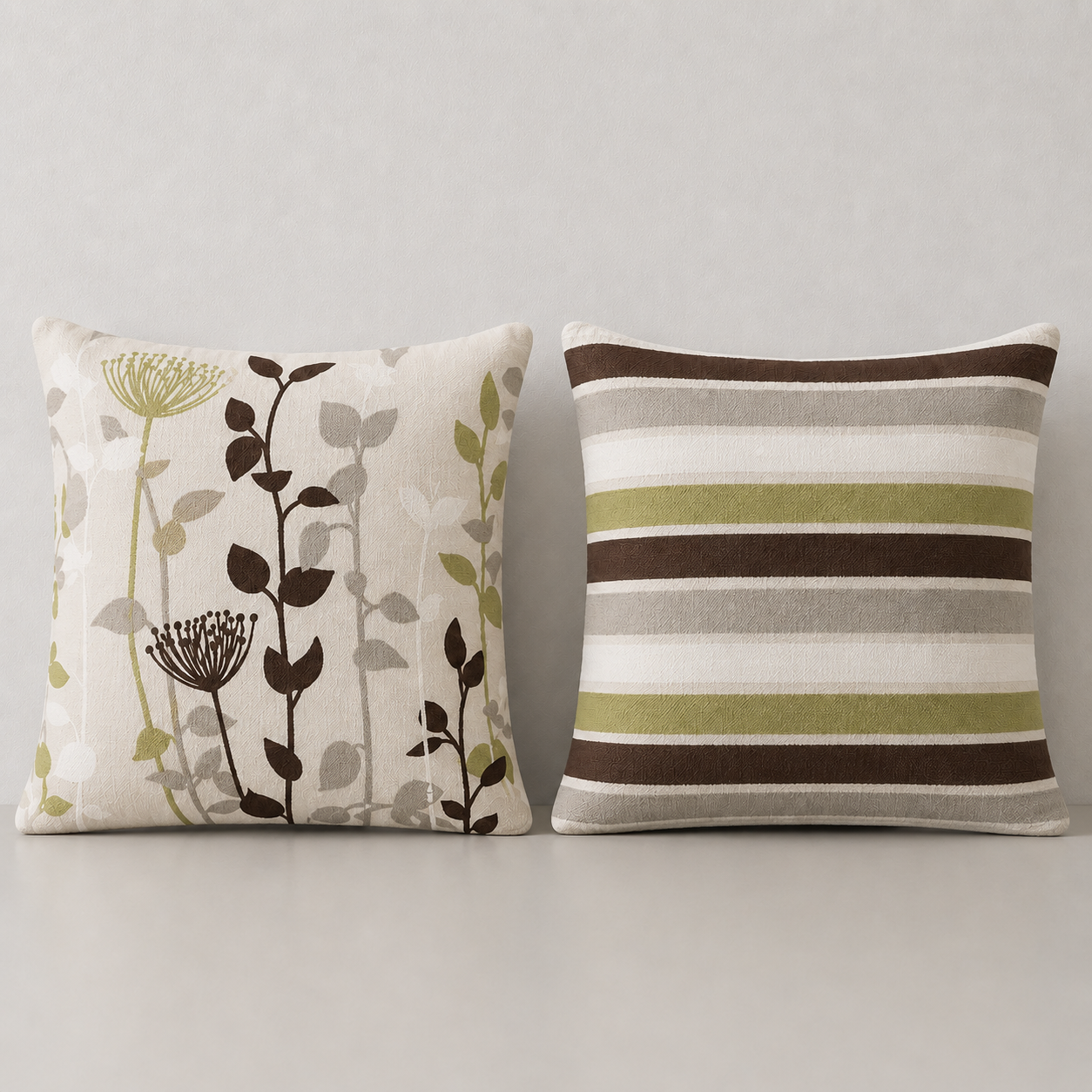 Cushion - Brown, Green, White Stripes with Flowers