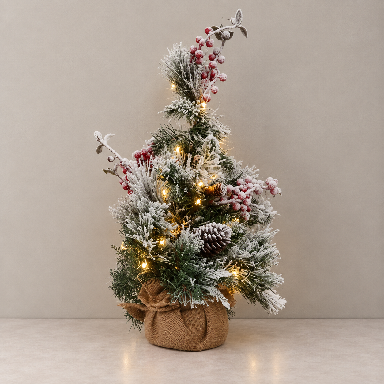 Christmas Tree - Table Top - Snowy Green Pine Tree with Berries &amp; Lights - 65cm High