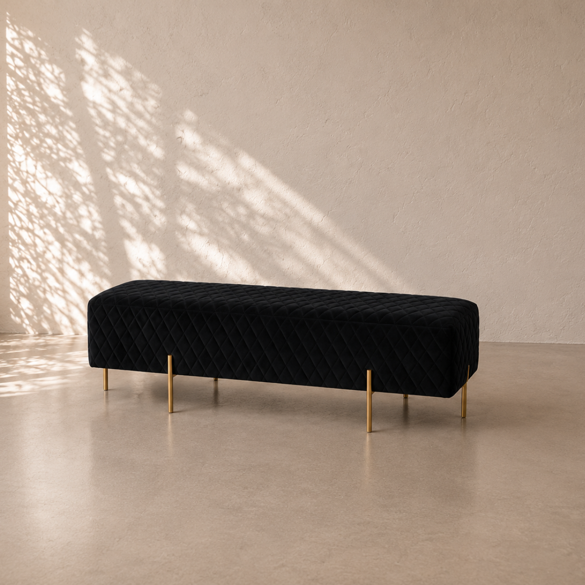 New York Velvet Quilted Ottoman Bench - Black