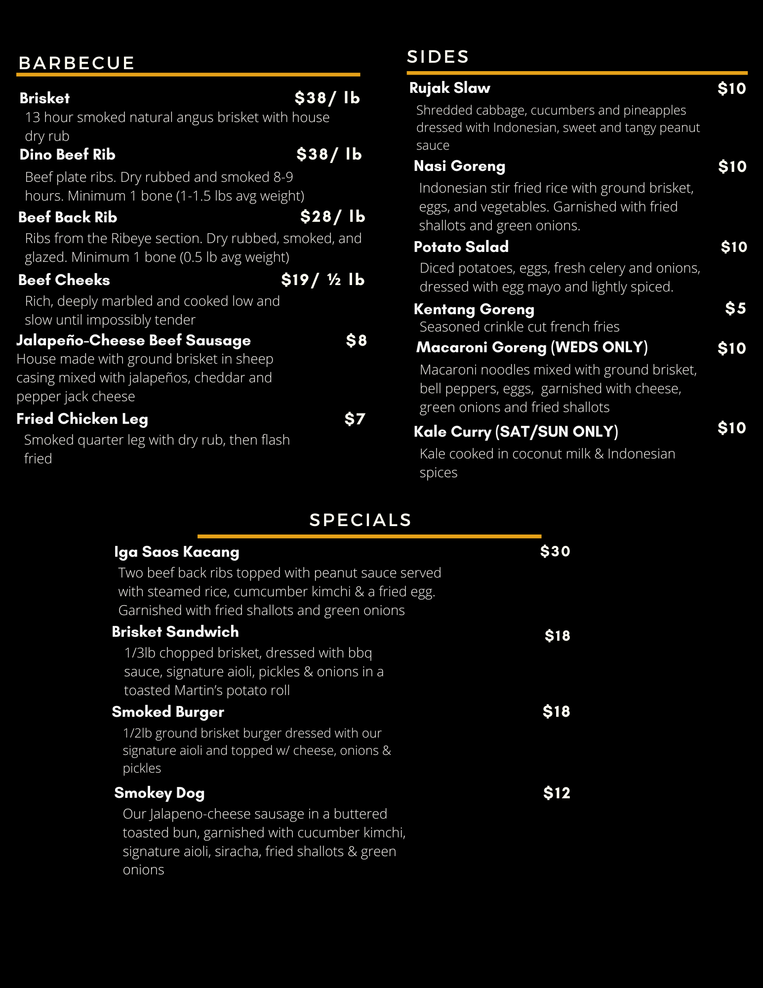 Fikscue's Alameda location main menu featuring halal Texas BBQ with Indonesian specials like brisket, dino beef ribs, iga saos kacang and sides