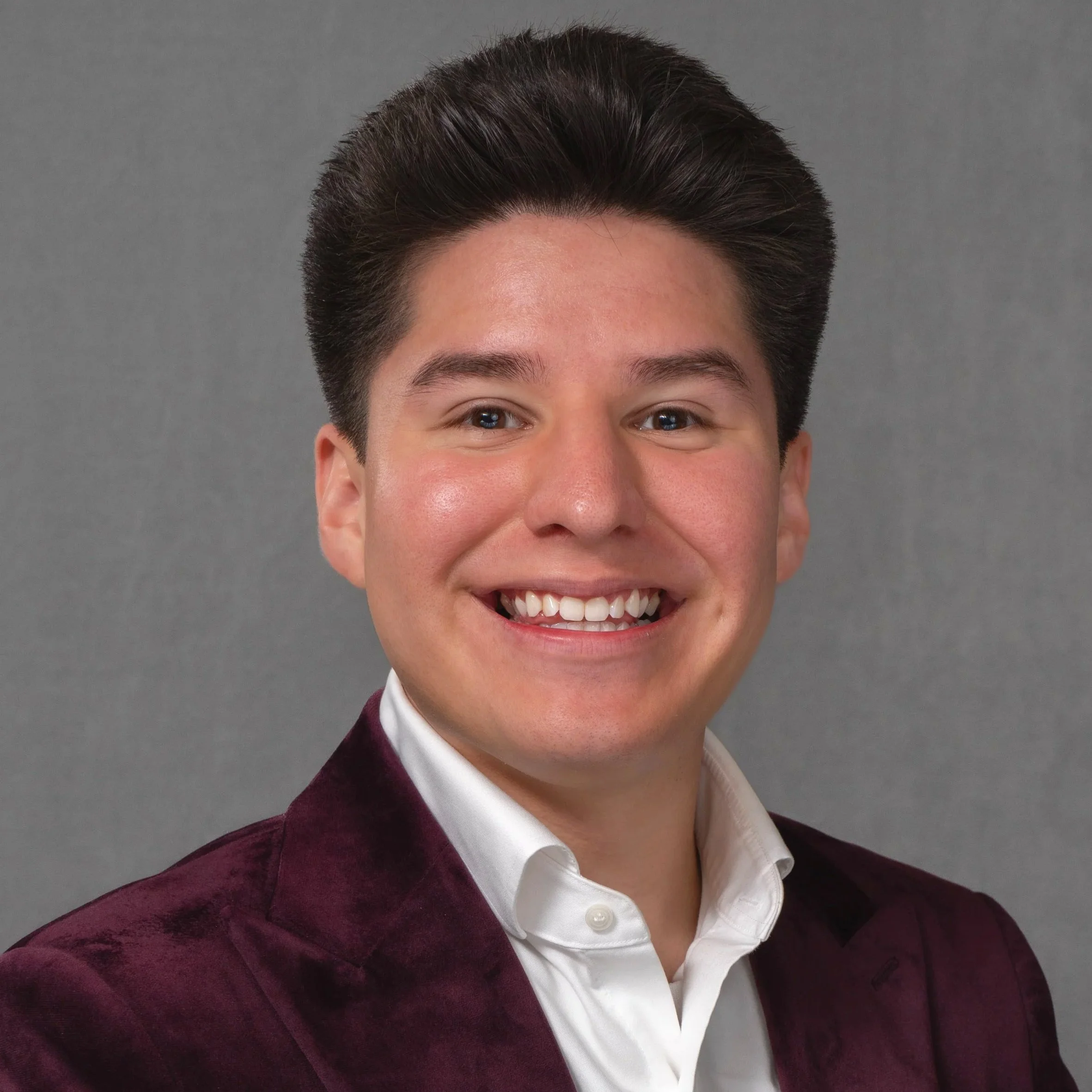 Portrait of a young man with dark hair, smiling, wearing a dark velvet blazer and white shirt, standing against a gray background.