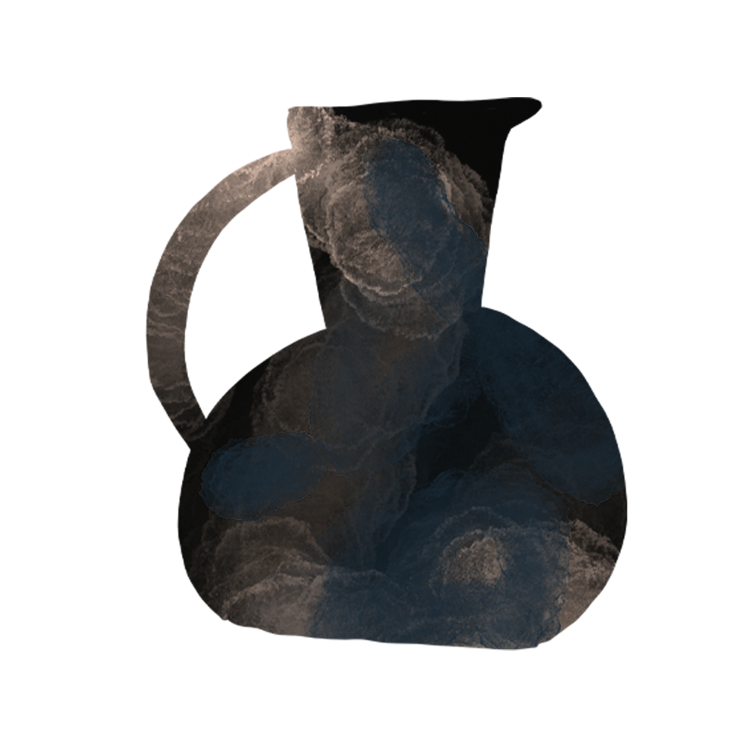 Ceramics Pitcher with swirling shapes in shades of brown and blue on a black background.