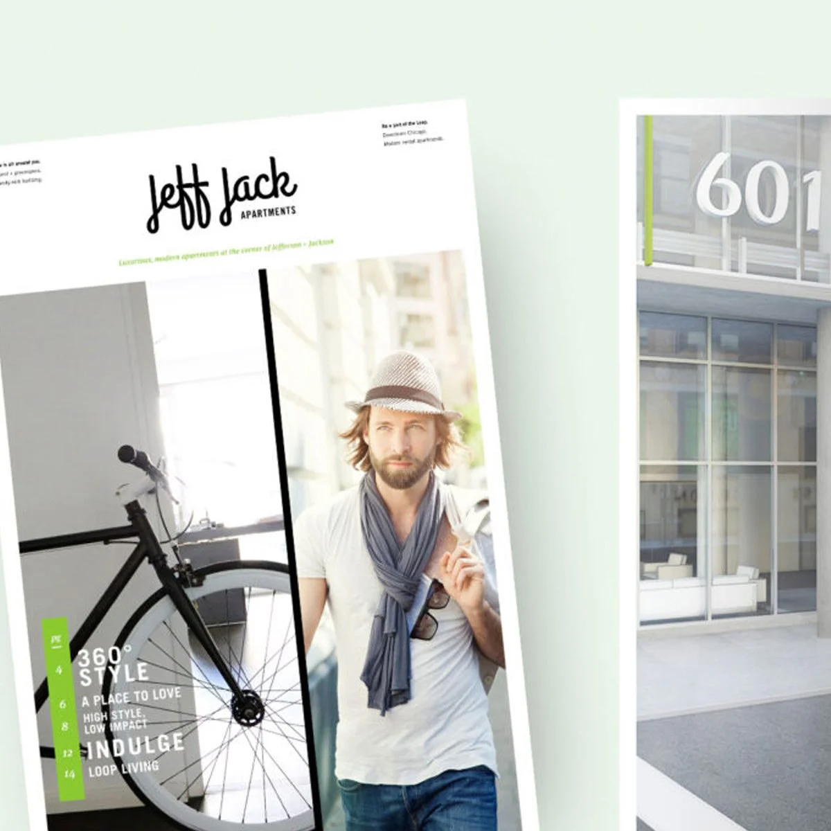 Flyer or brochure for Jeff Jack Apartments featuring a man with a hat and scarf walking, and a bicycle in the background.