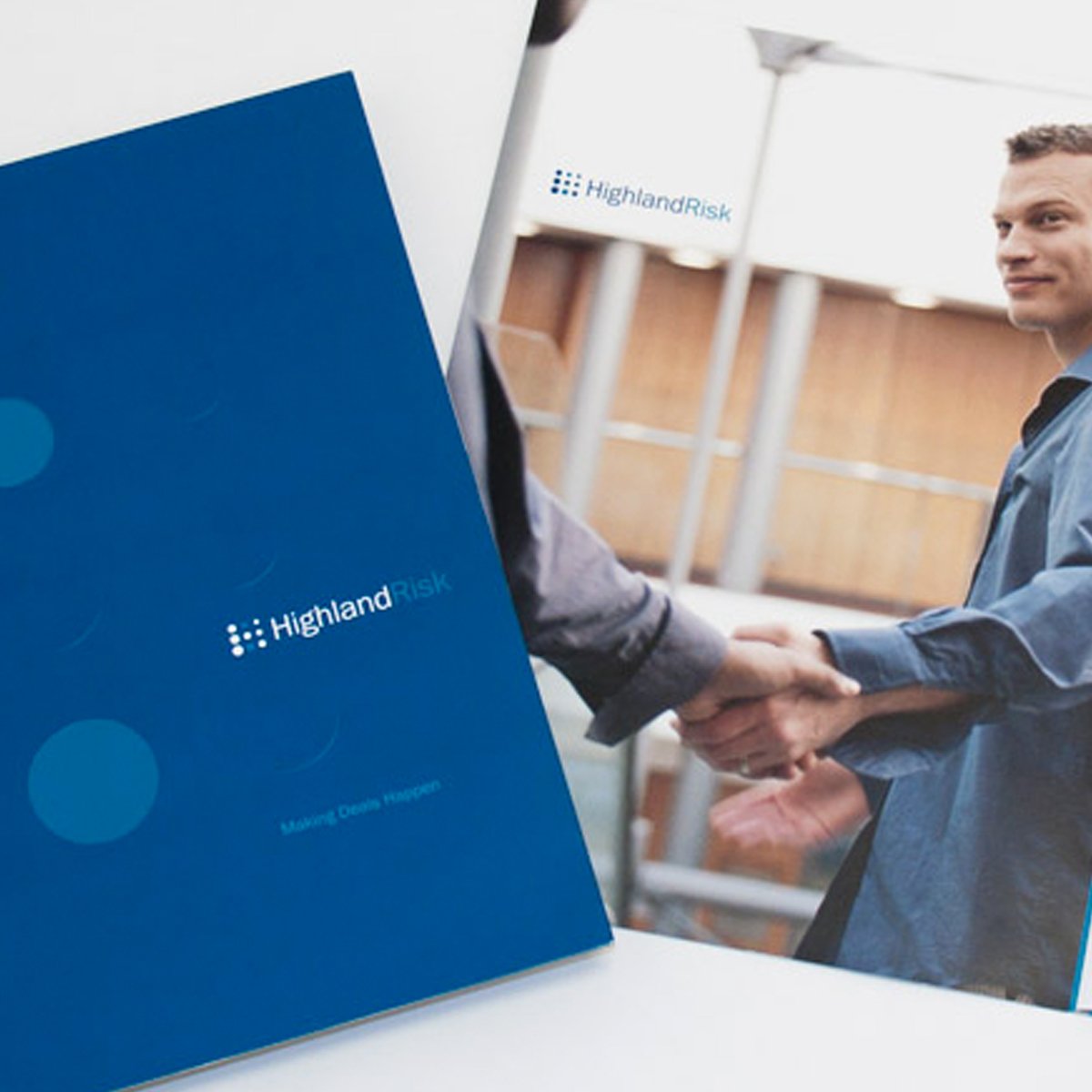 A book cover titled 'Highland Risk' and a photo of two men shaking hands with a Highland Risk sign in the background.