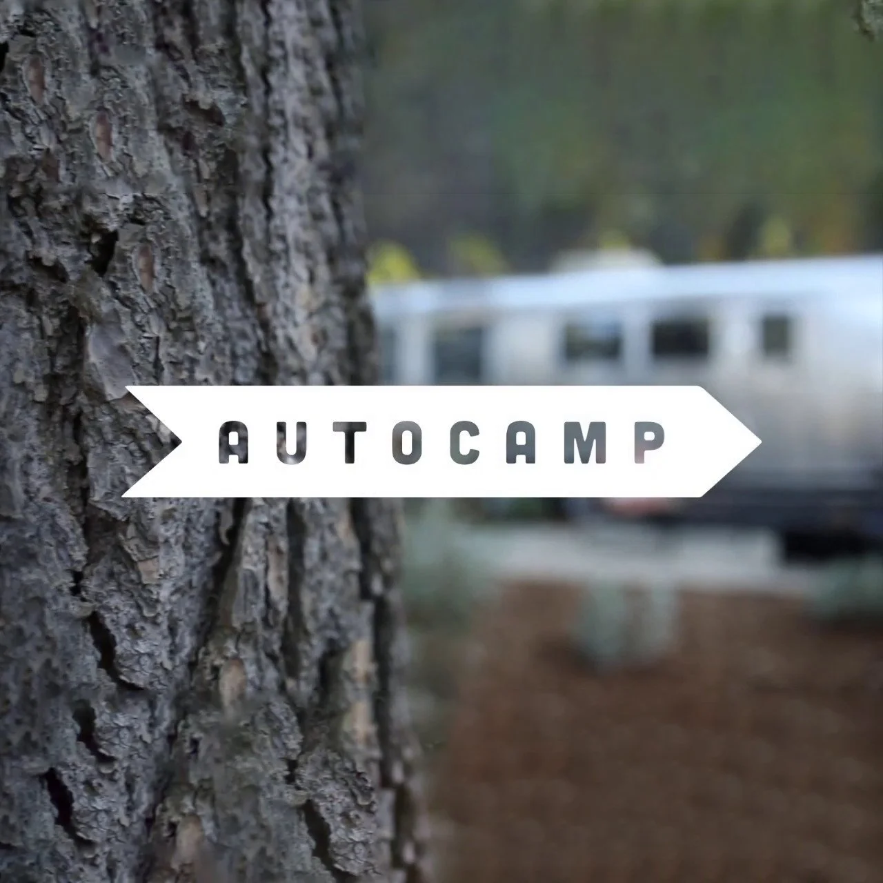 Close-up of a tree trunk with a blurred camper and vehicle in the background and an arrow-shaped sign with the word "AUTOCAMP" in the foreground.